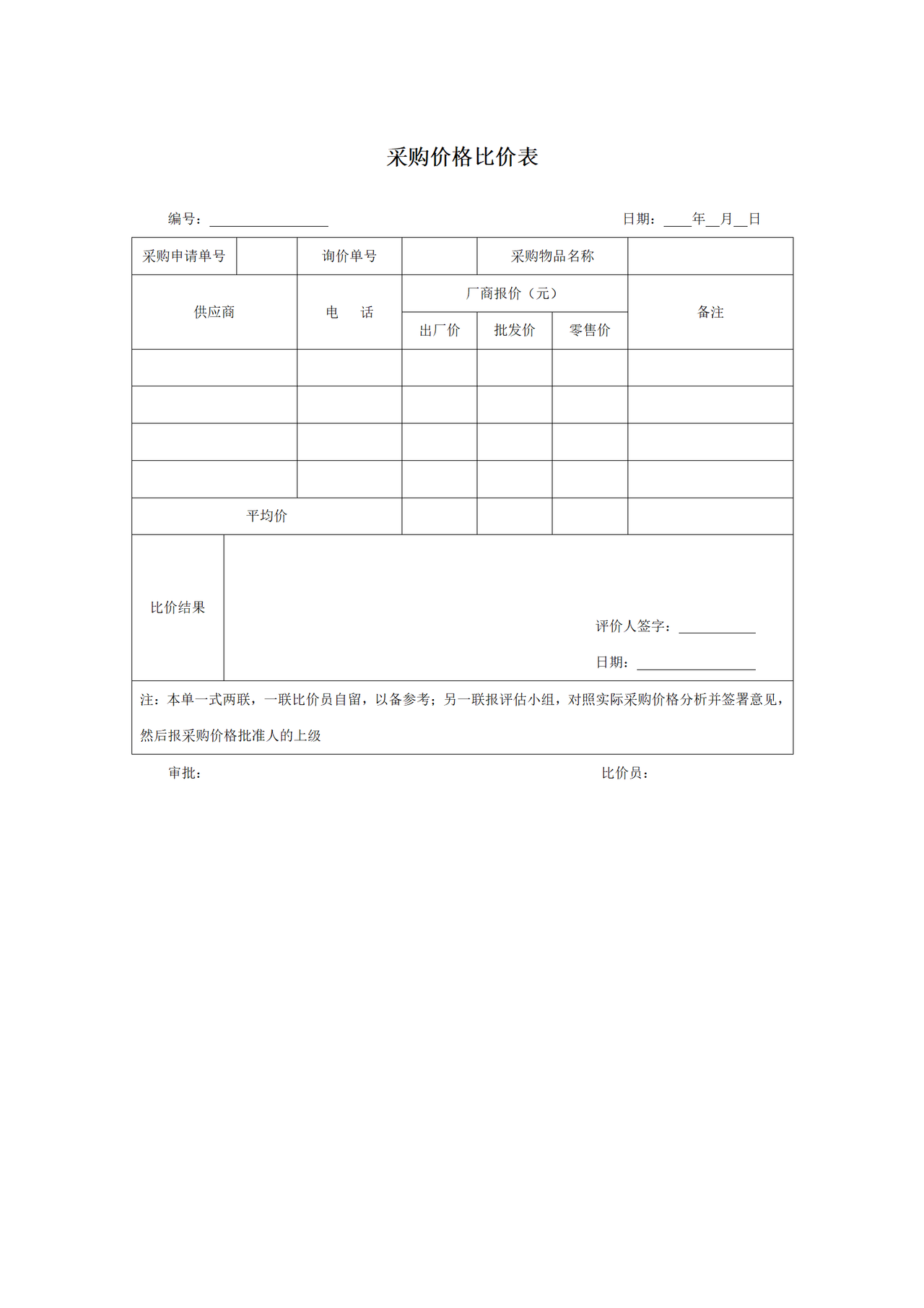 采购价格比价表