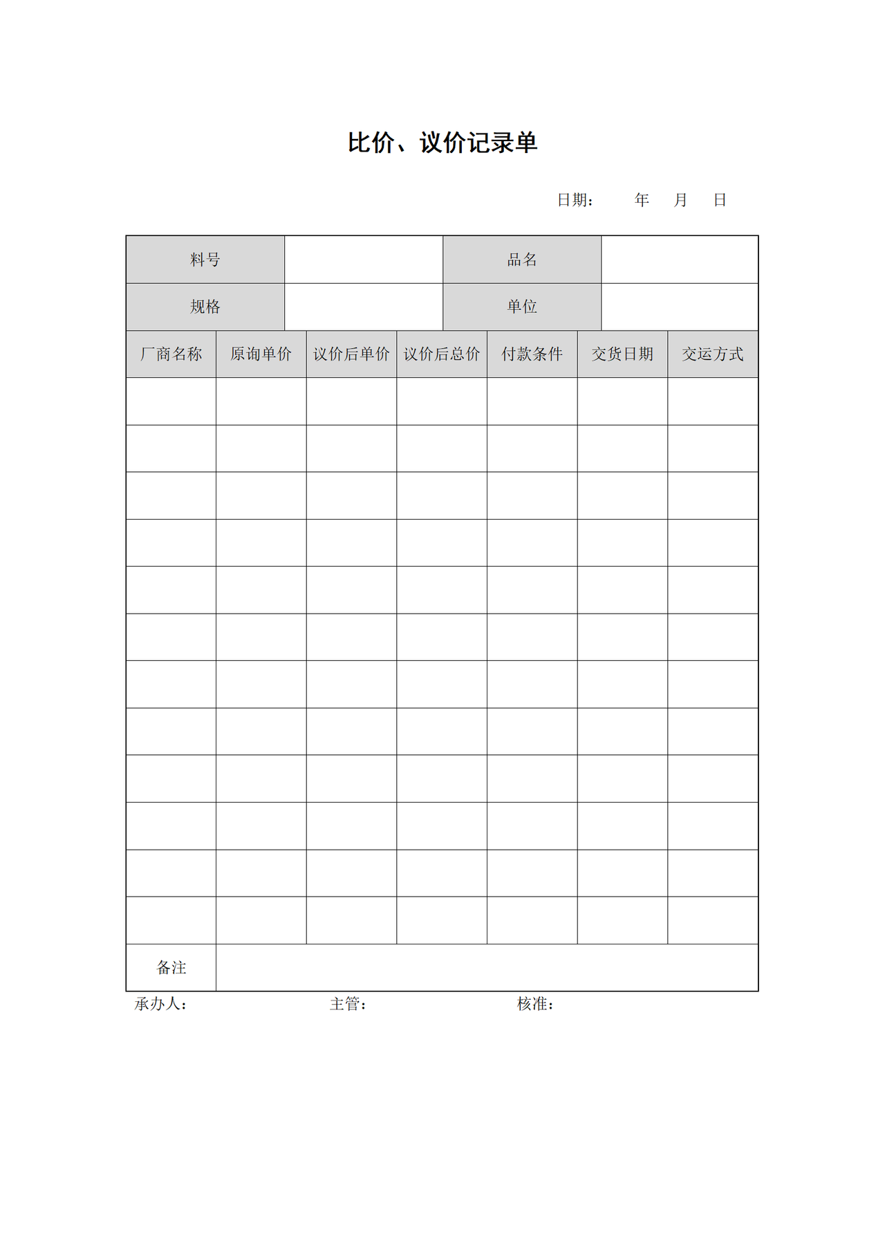 比价、议价记录单