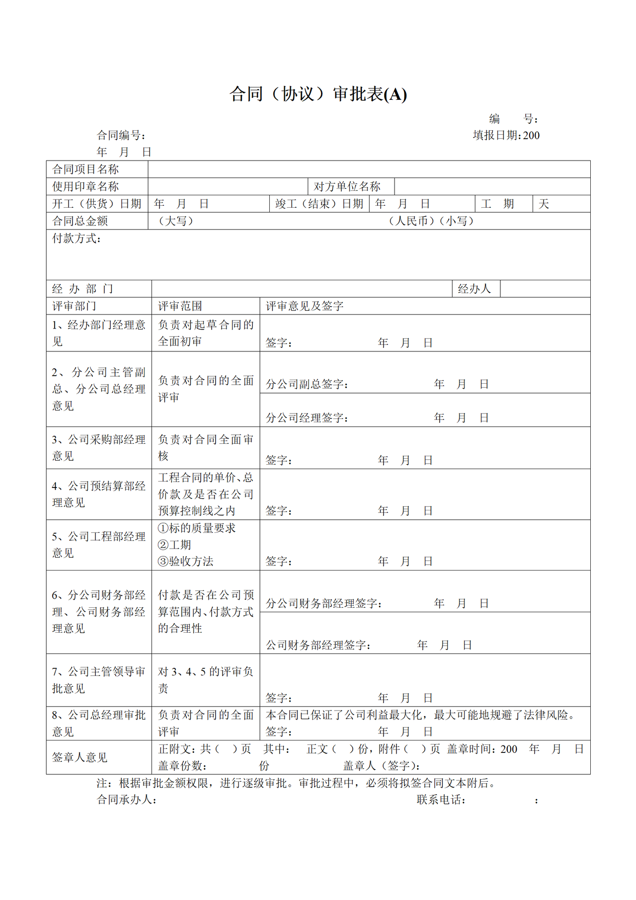合同（协议）审批表(A)