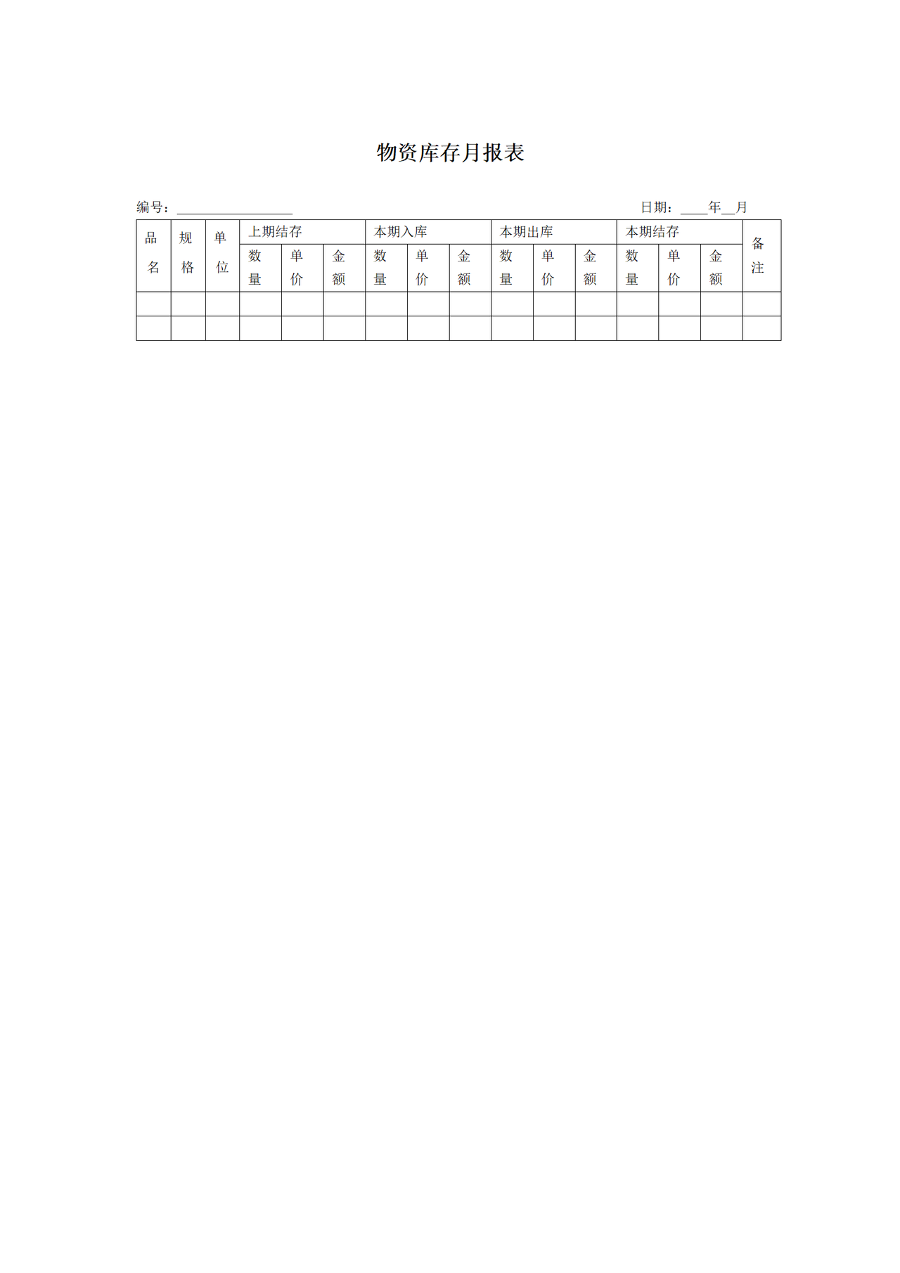 物资库存月报表