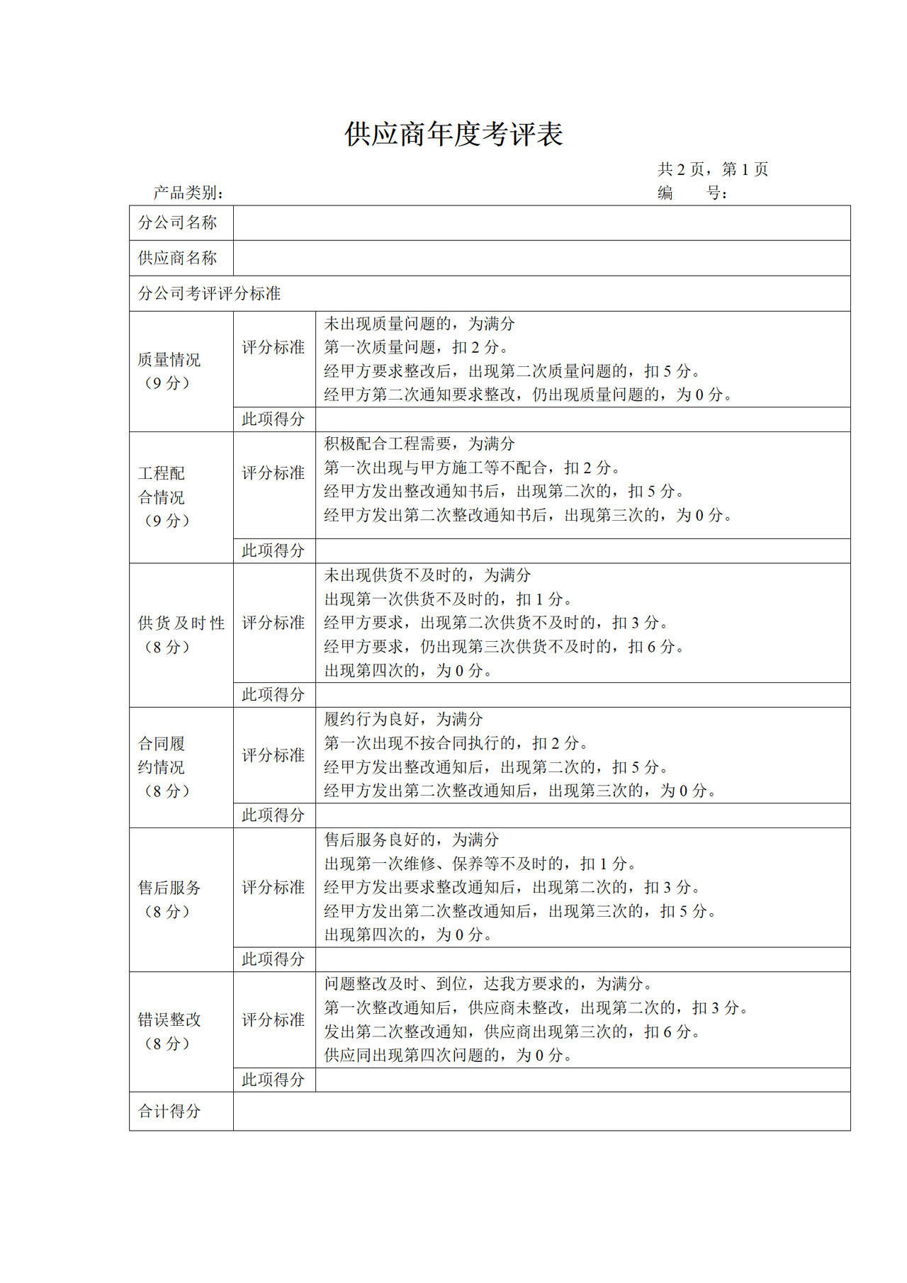 供应商年度考评表