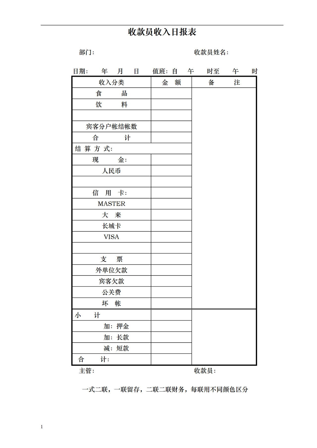收款员收入日报表