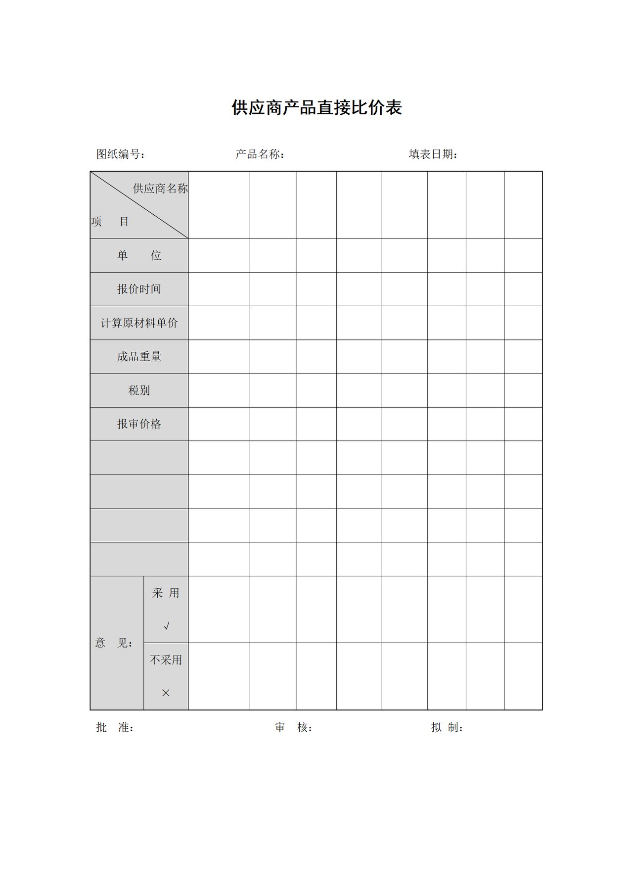 供应商产品直接比价表