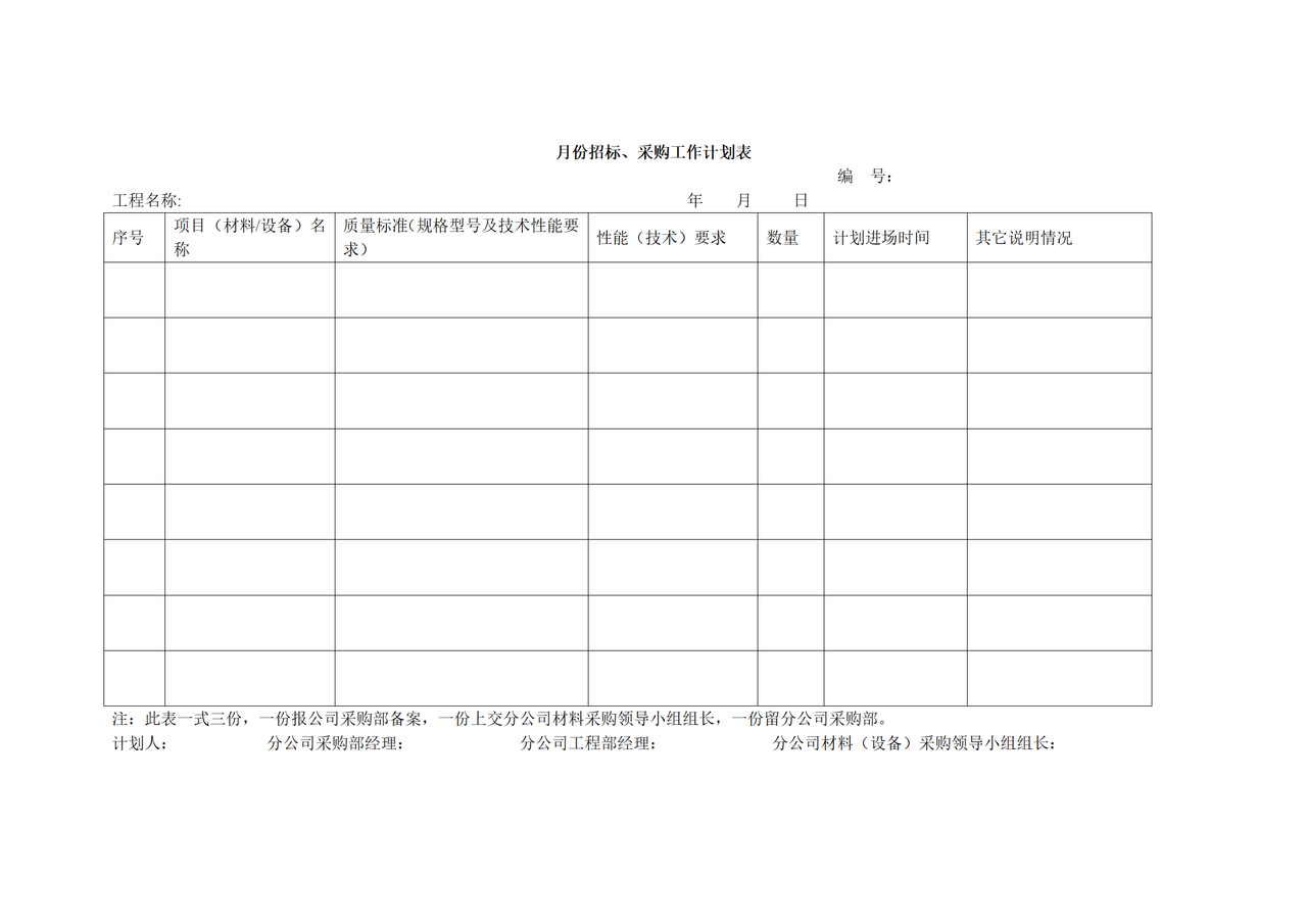 月份招标、采购工作计划表