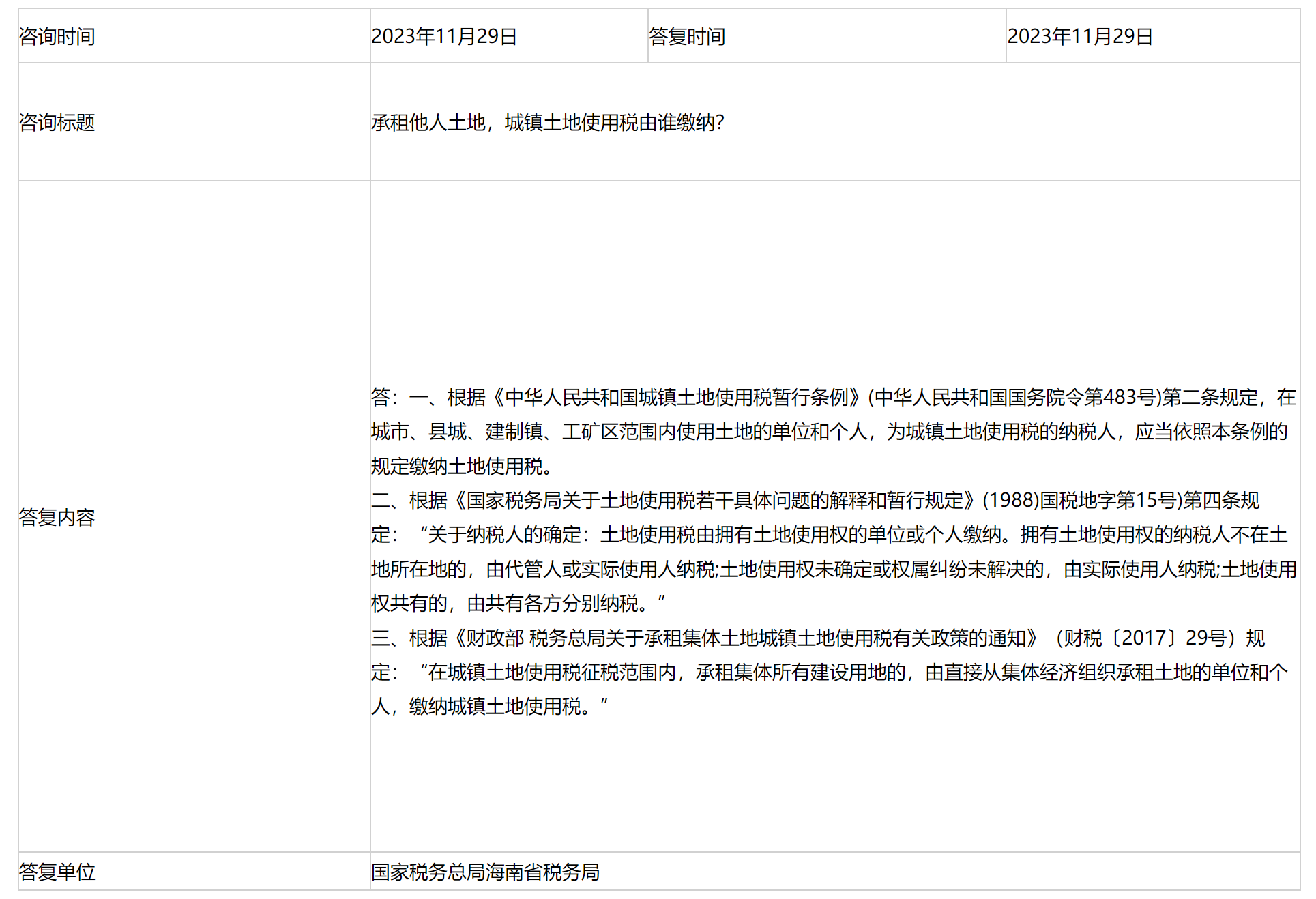 国家税务总局海南省税务局——承租他人土地，城镇土地使用税由谁缴纳？-1