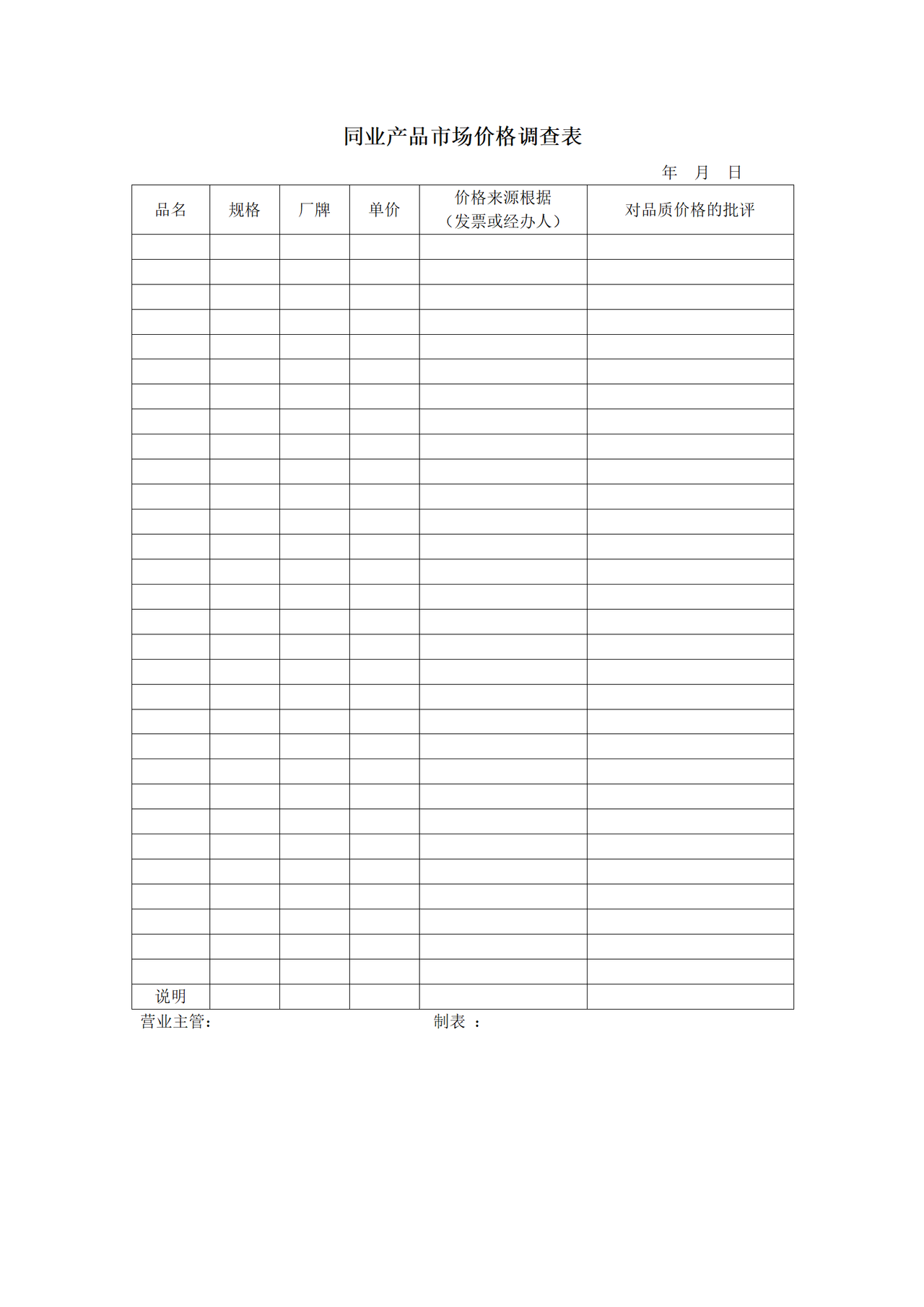 同业产品市场价格调查表