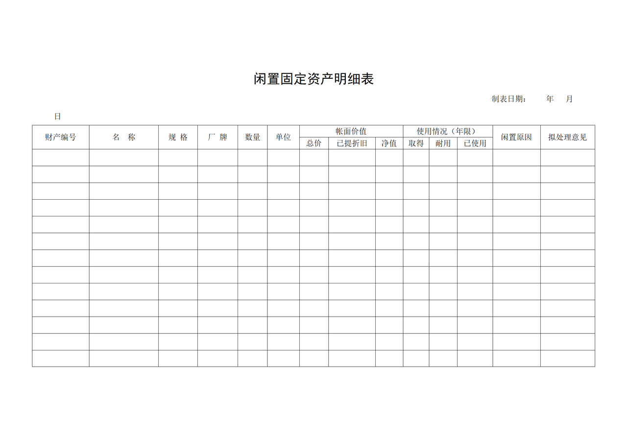 闲置固定资产明细表