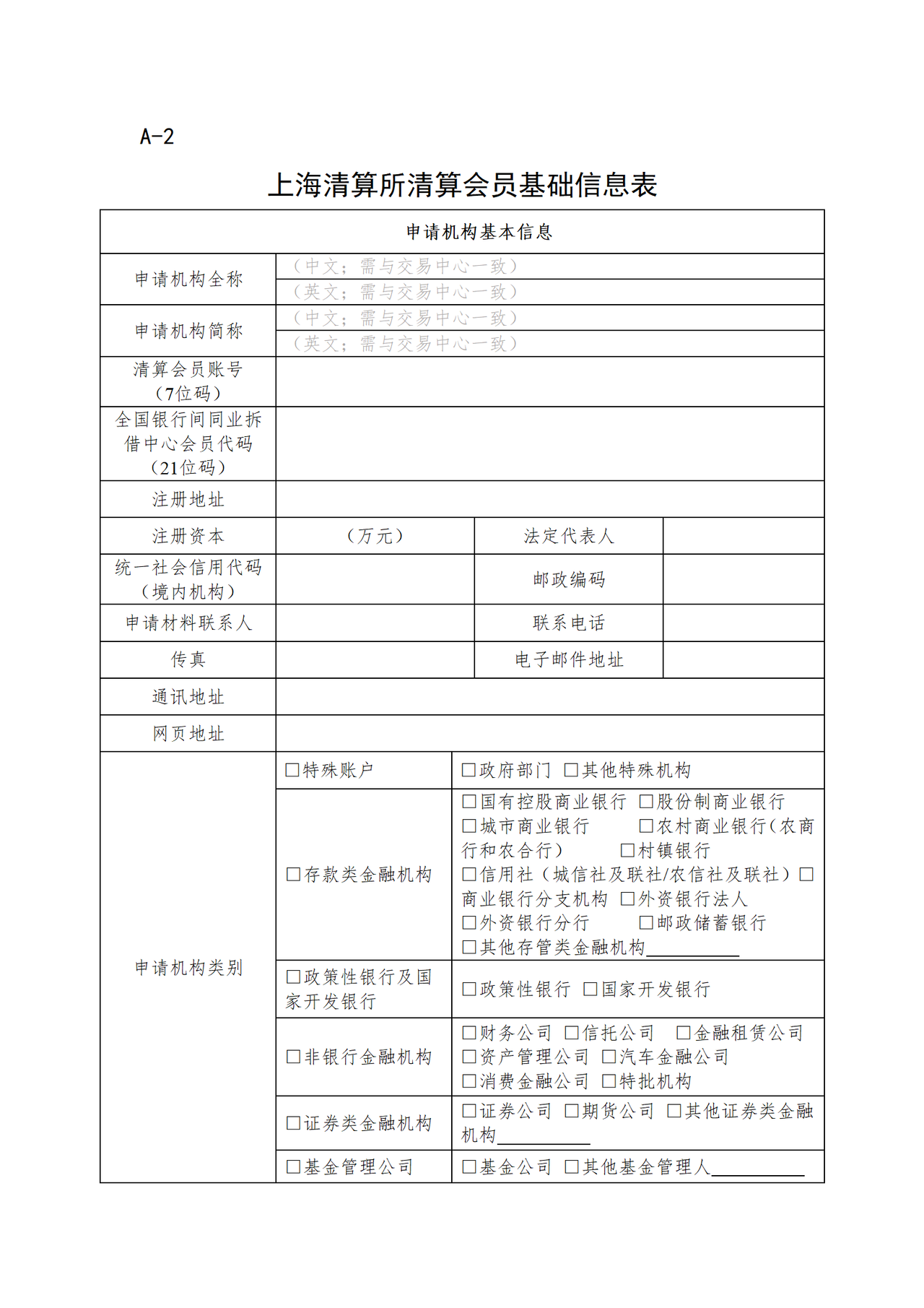 上海清算所清算会员基础信息表(A-1-2)