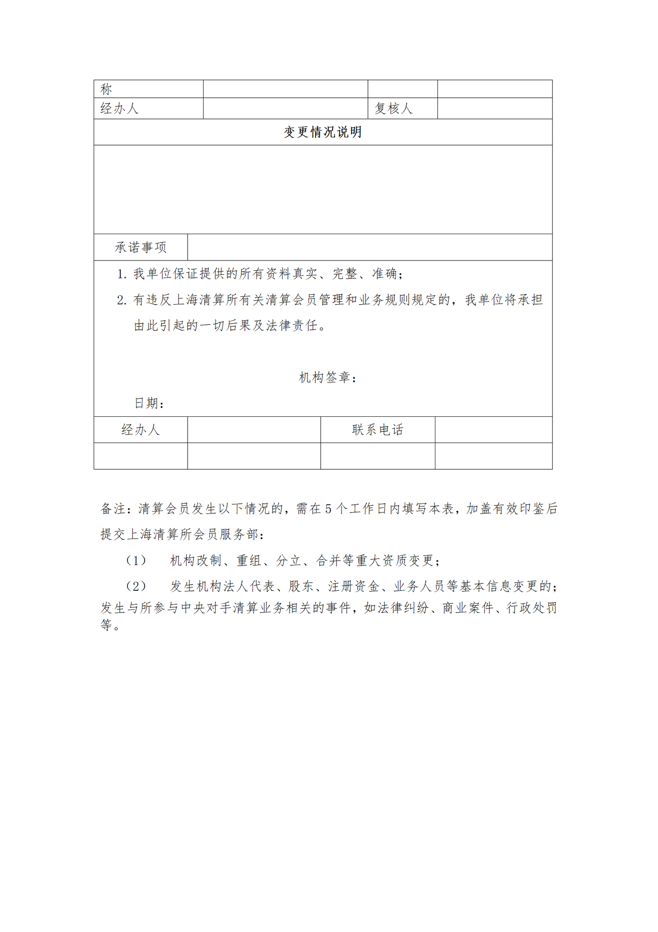 上海清算所清算会员信息变更登记表(C-1)