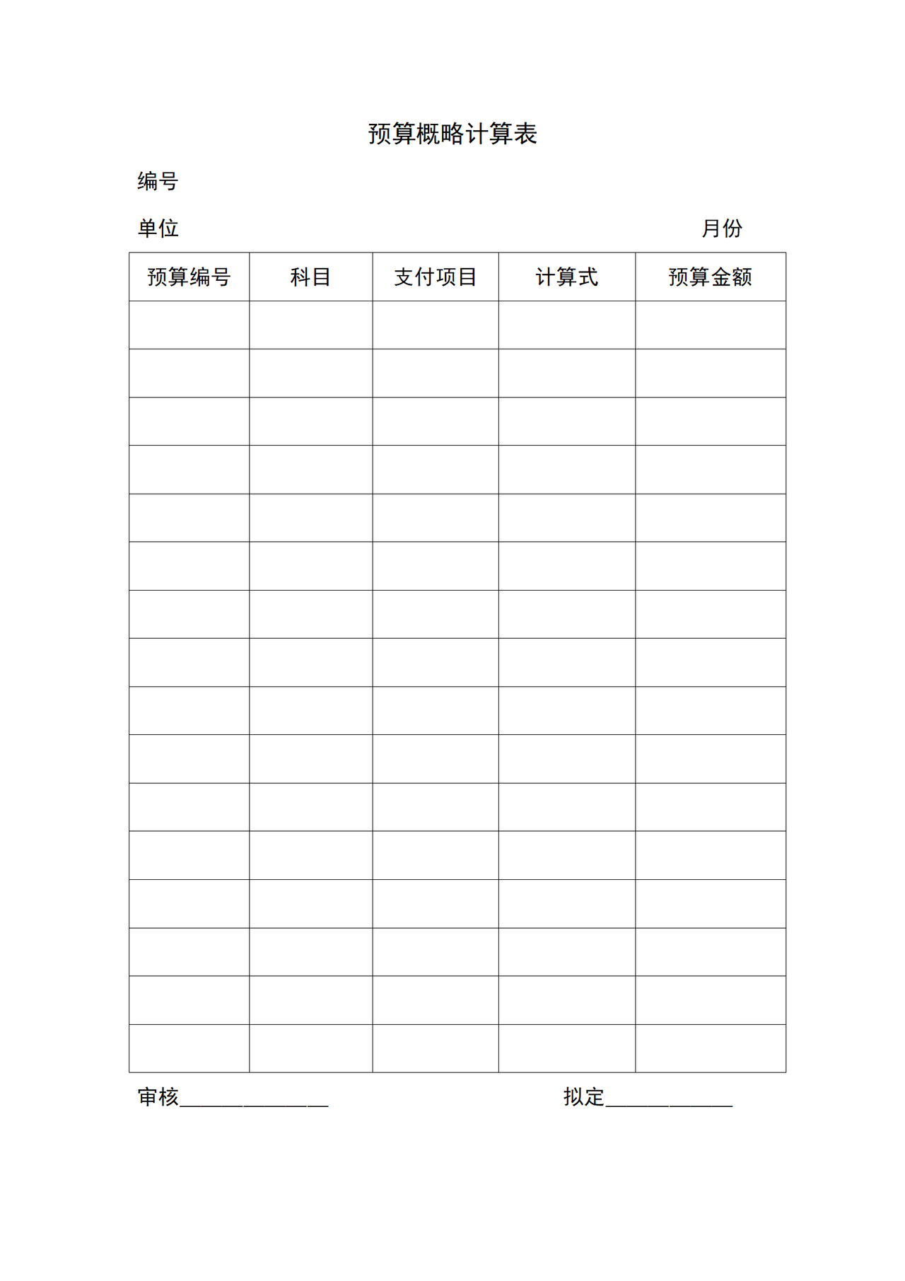 预算概略计算表