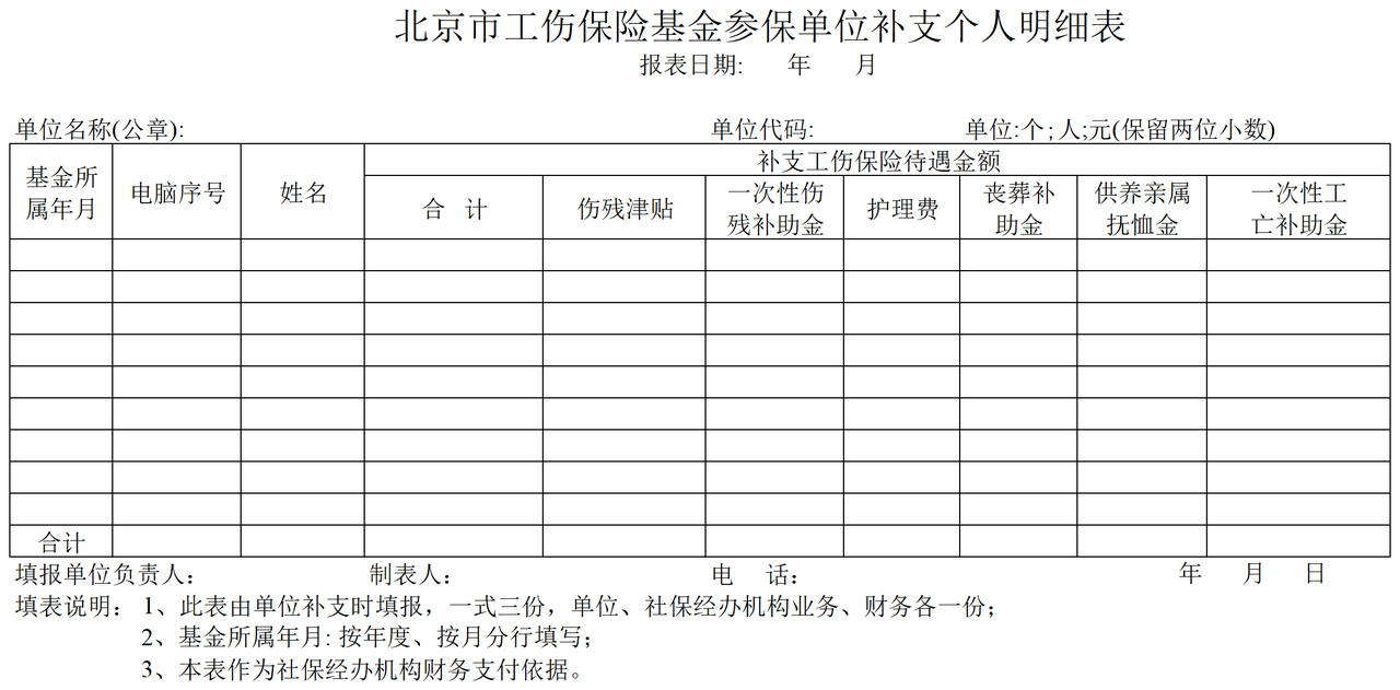 北京市工伤保险基金参保单位补支个人明细表