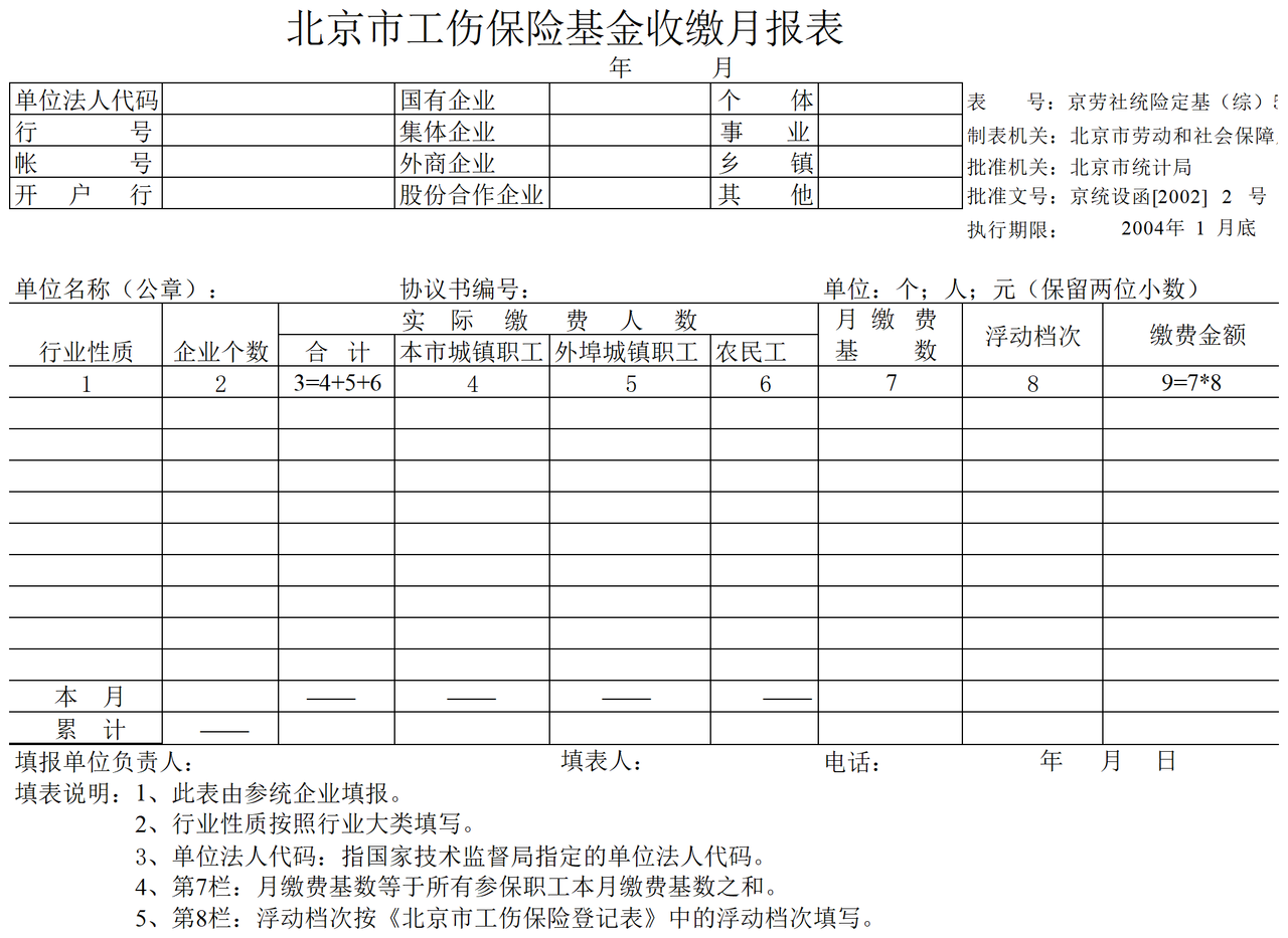 北京市工伤保险基金收缴月报表