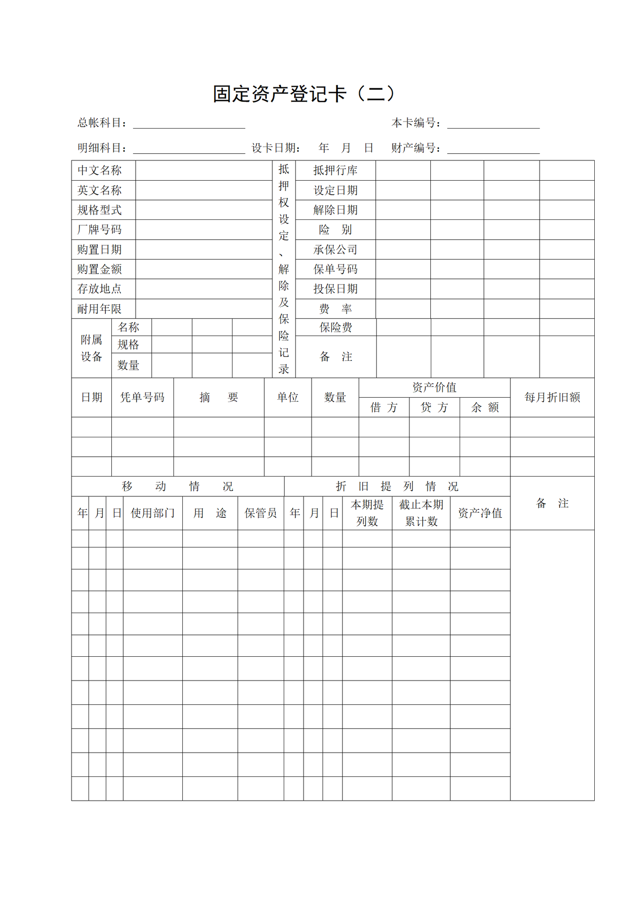 固定资产登记卡(二)