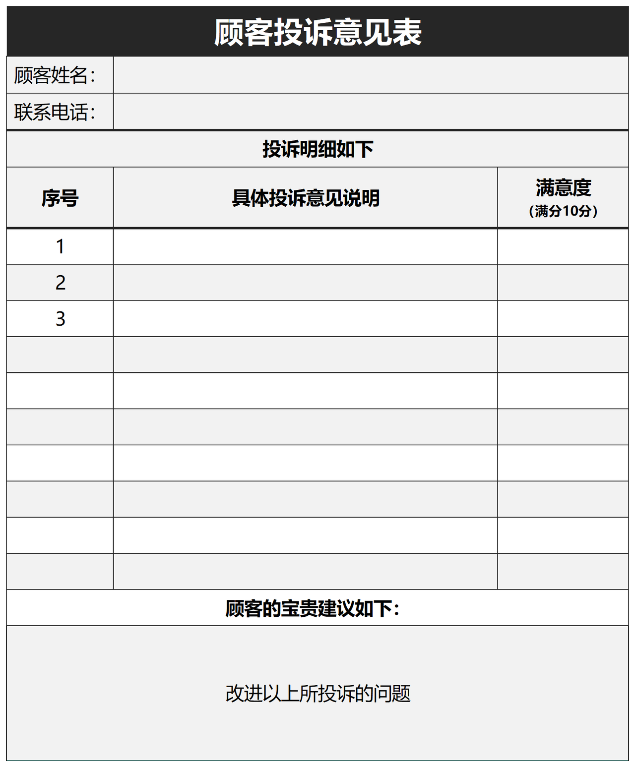 顾客投诉意见表
