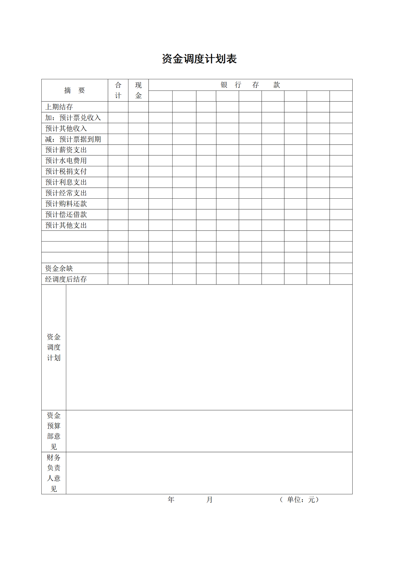 资金调度计划表