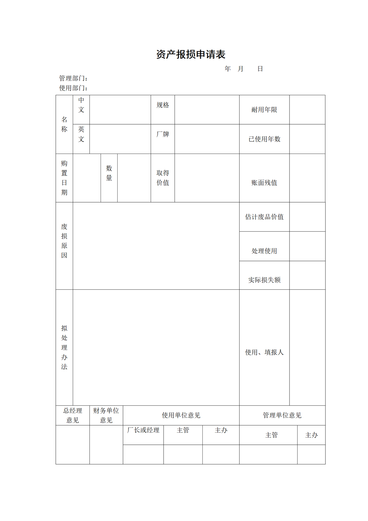 资产报损申请表