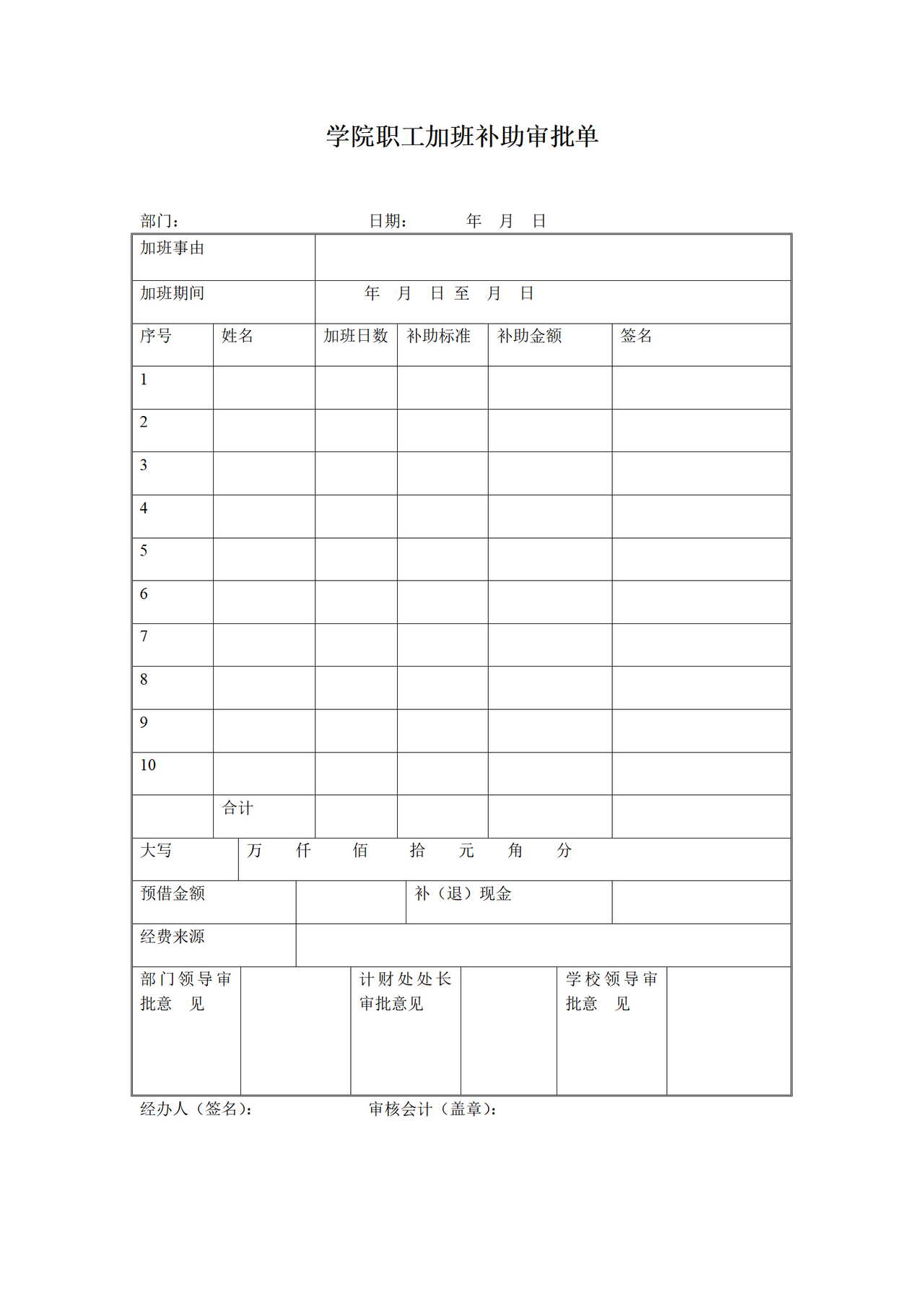学院职工加班补助审批单