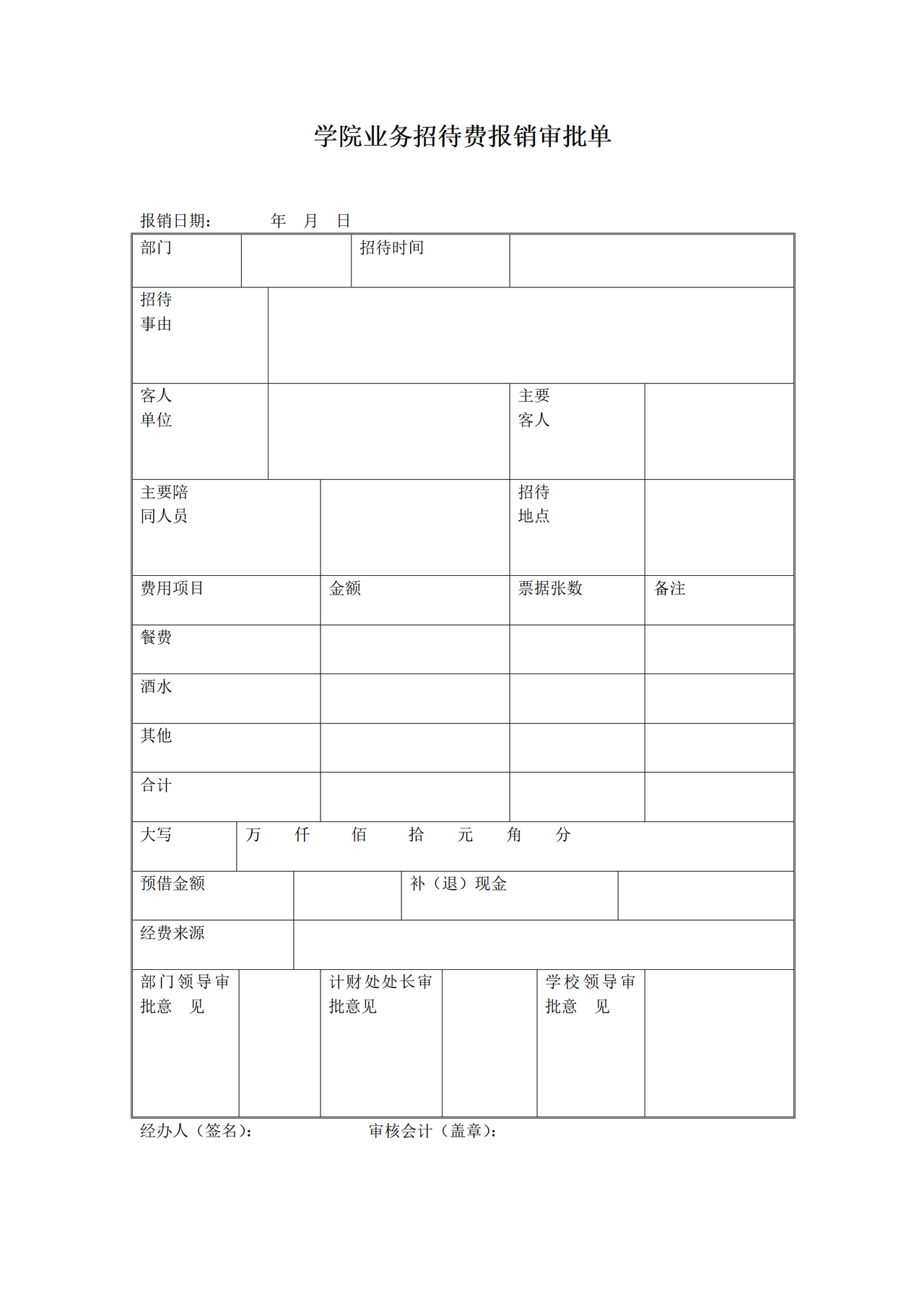 学院业务招待费报销审批单