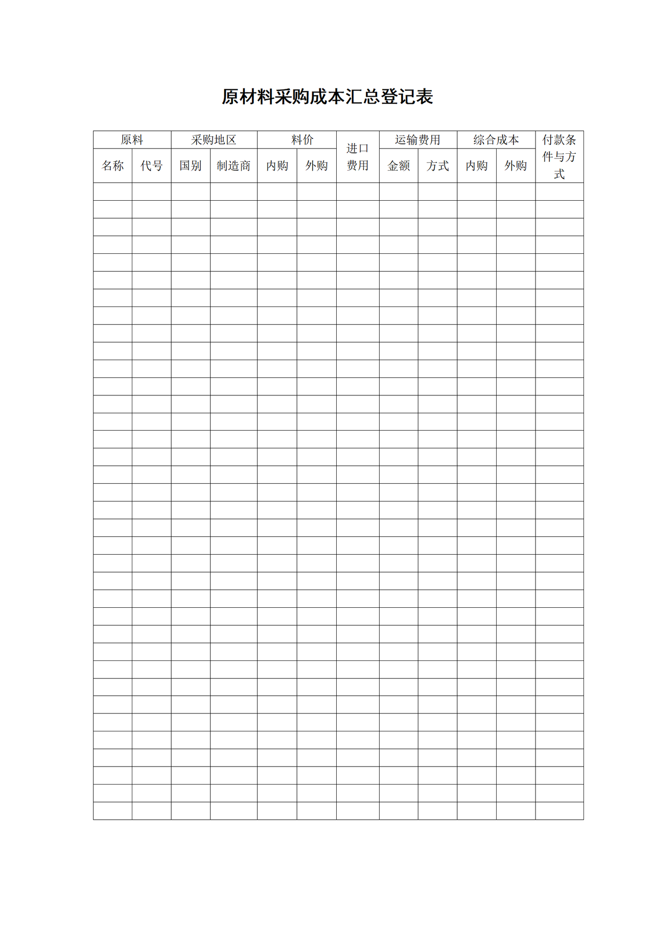 原材料采购成本汇总登记表