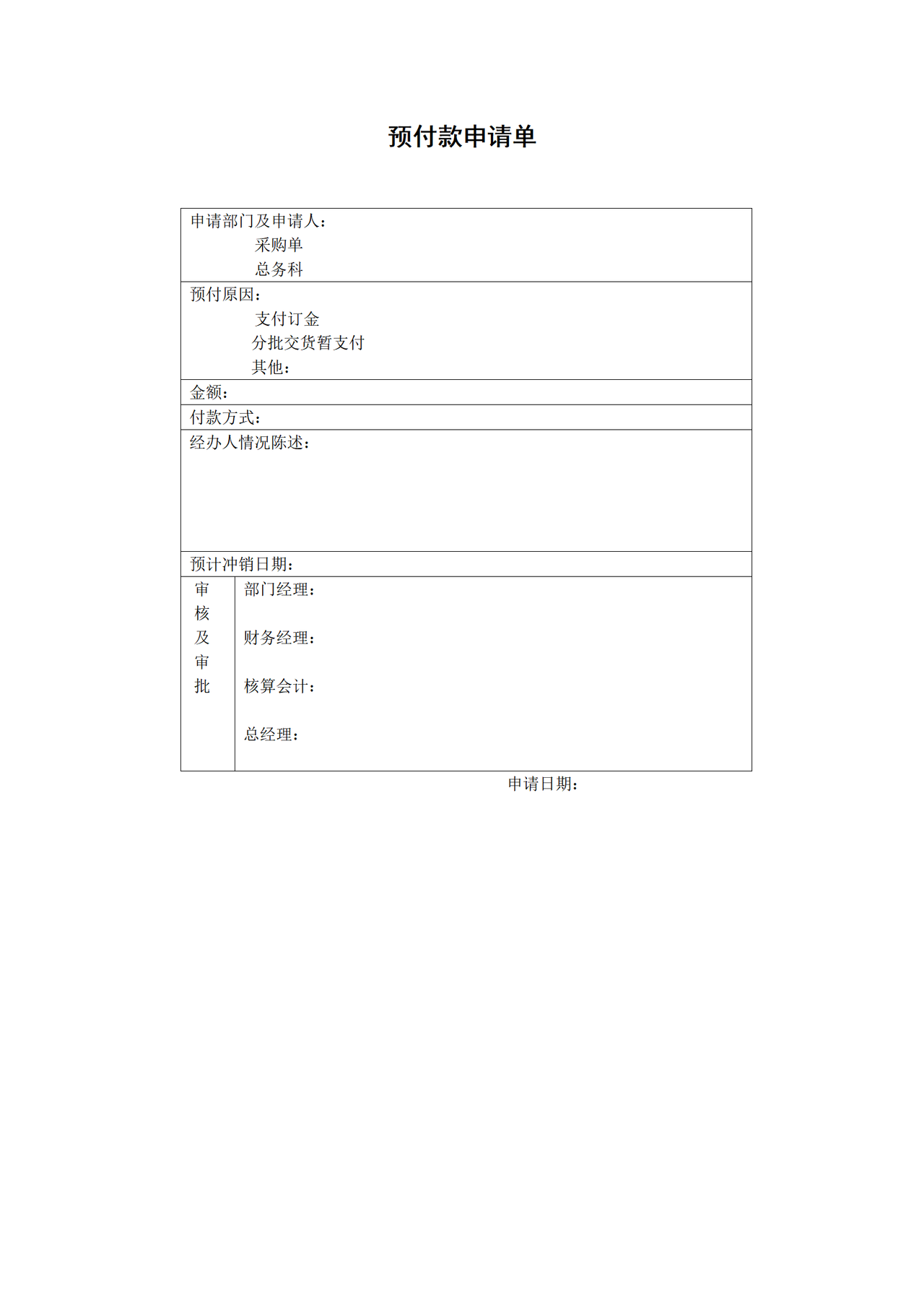 预付款申请单