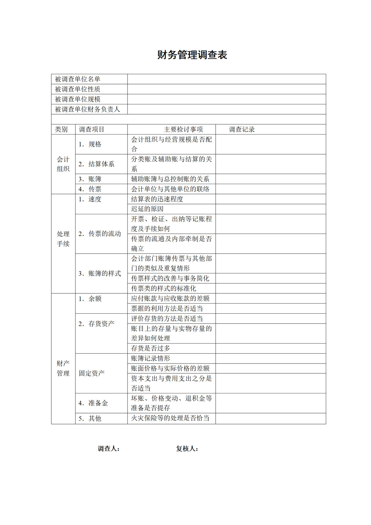 财务管理调查表
