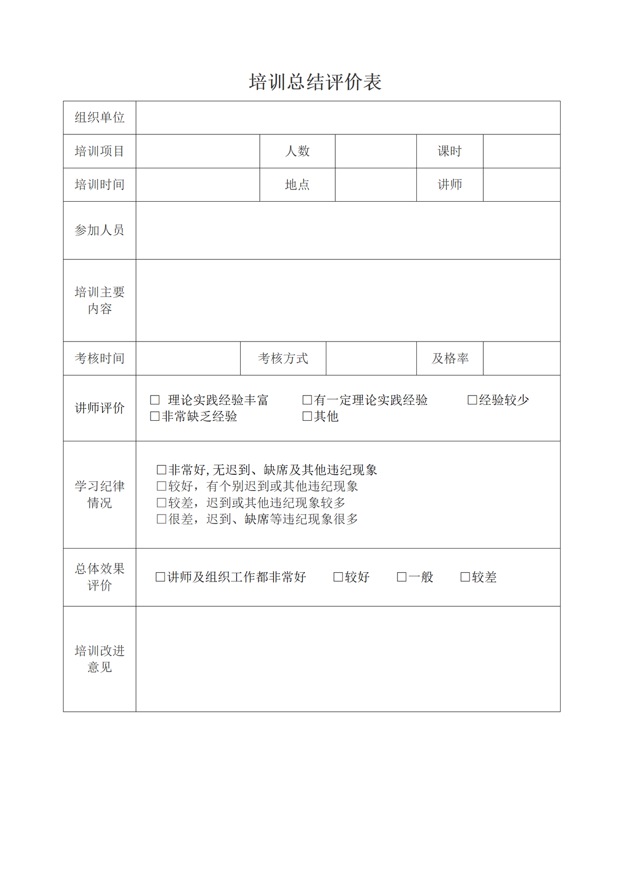 培训总结评价表