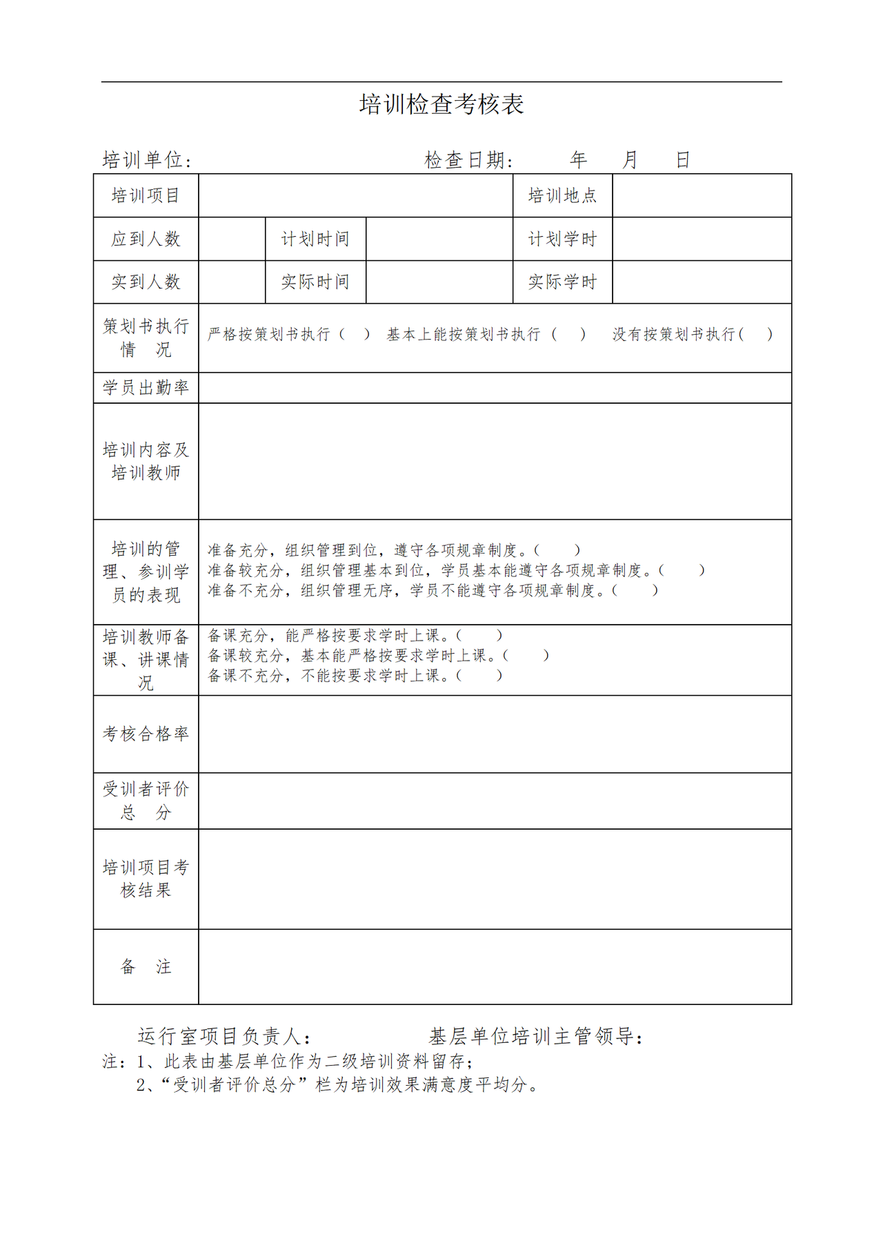 培训检查考核表