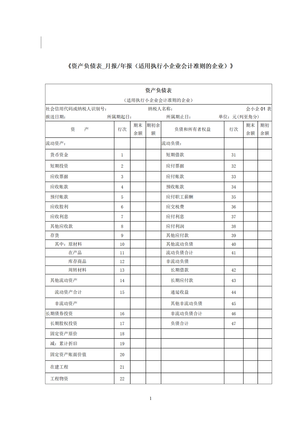 执行小企业会计准则的企业的报表表样