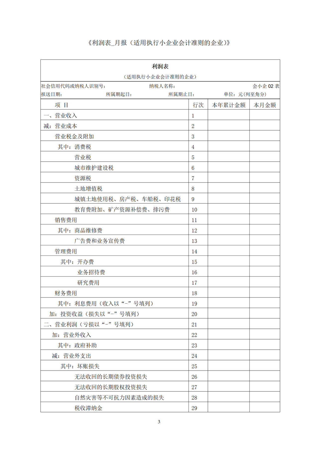 执行小企业会计准则的企业的报表表样