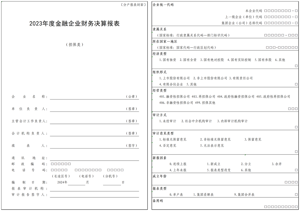 2023年度金融企业财务决算报表（担保类）