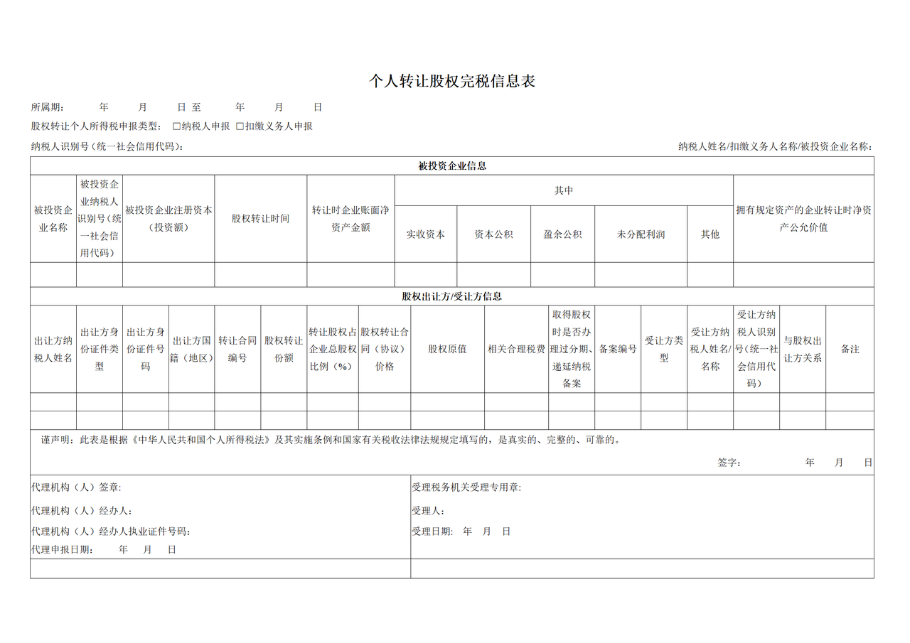 个人转让股权完税信息表