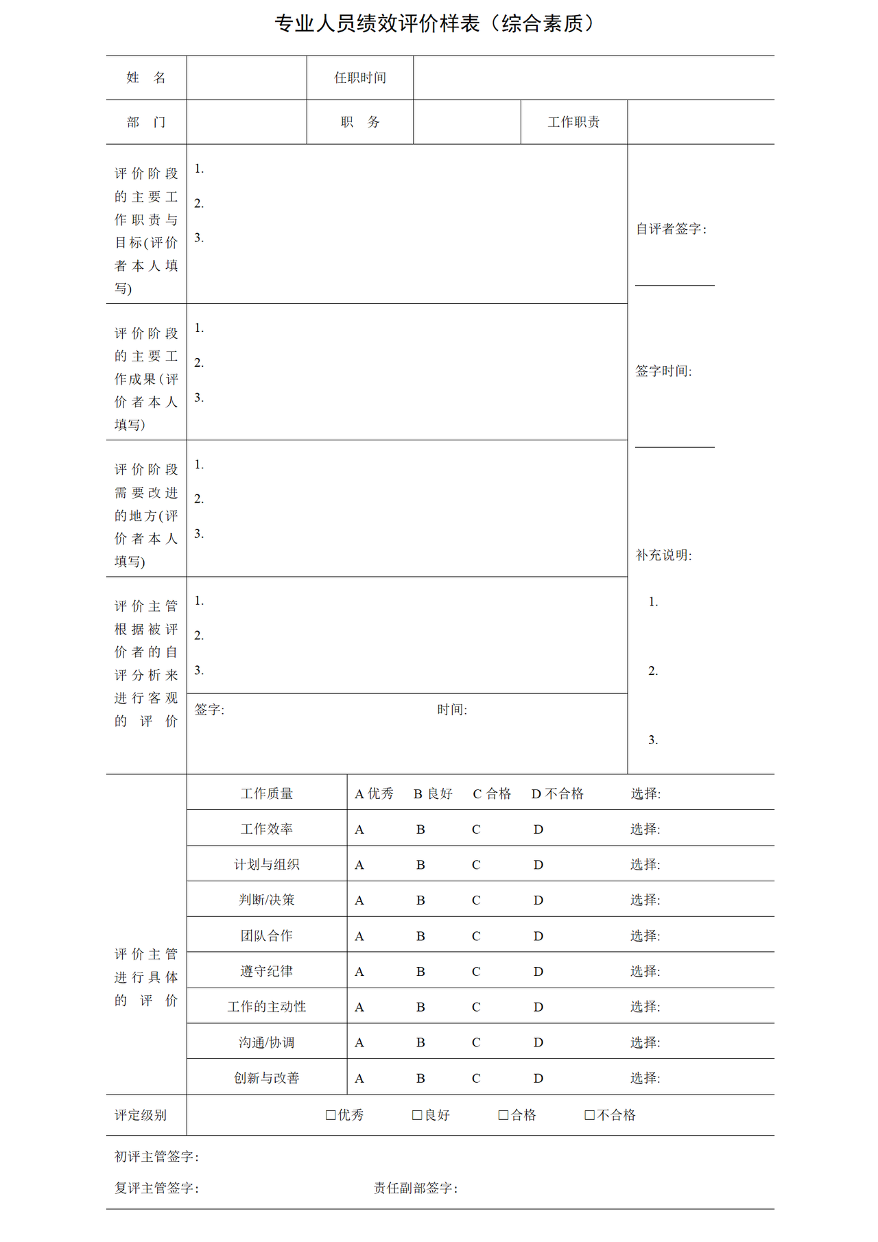 专业人员绩效评价样表（综合素质）