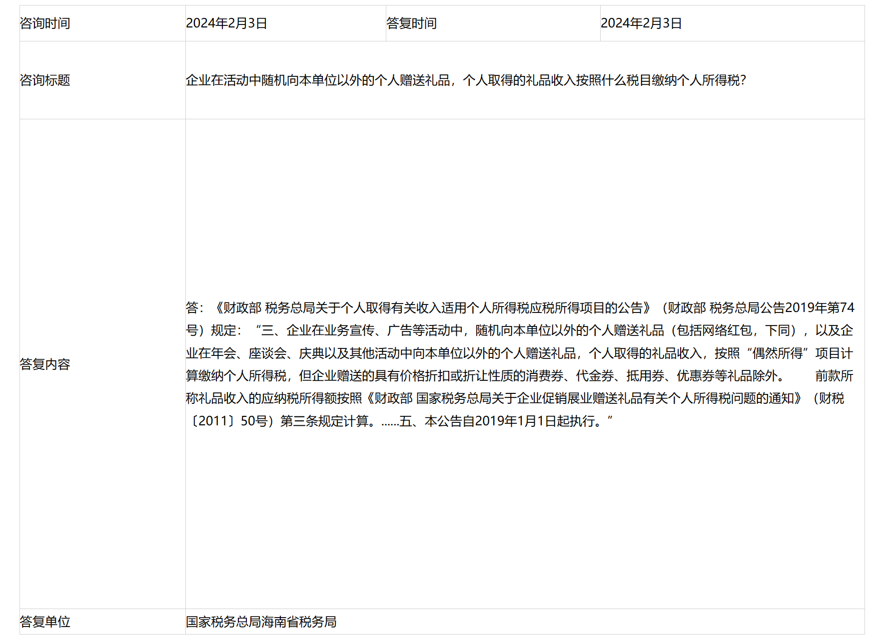 国家税务总局海南省税务局——企业在活动中随机向本单位以外的个人赠送礼品，个人取得的礼品收入按照什么税目缴纳个人所得税？-1