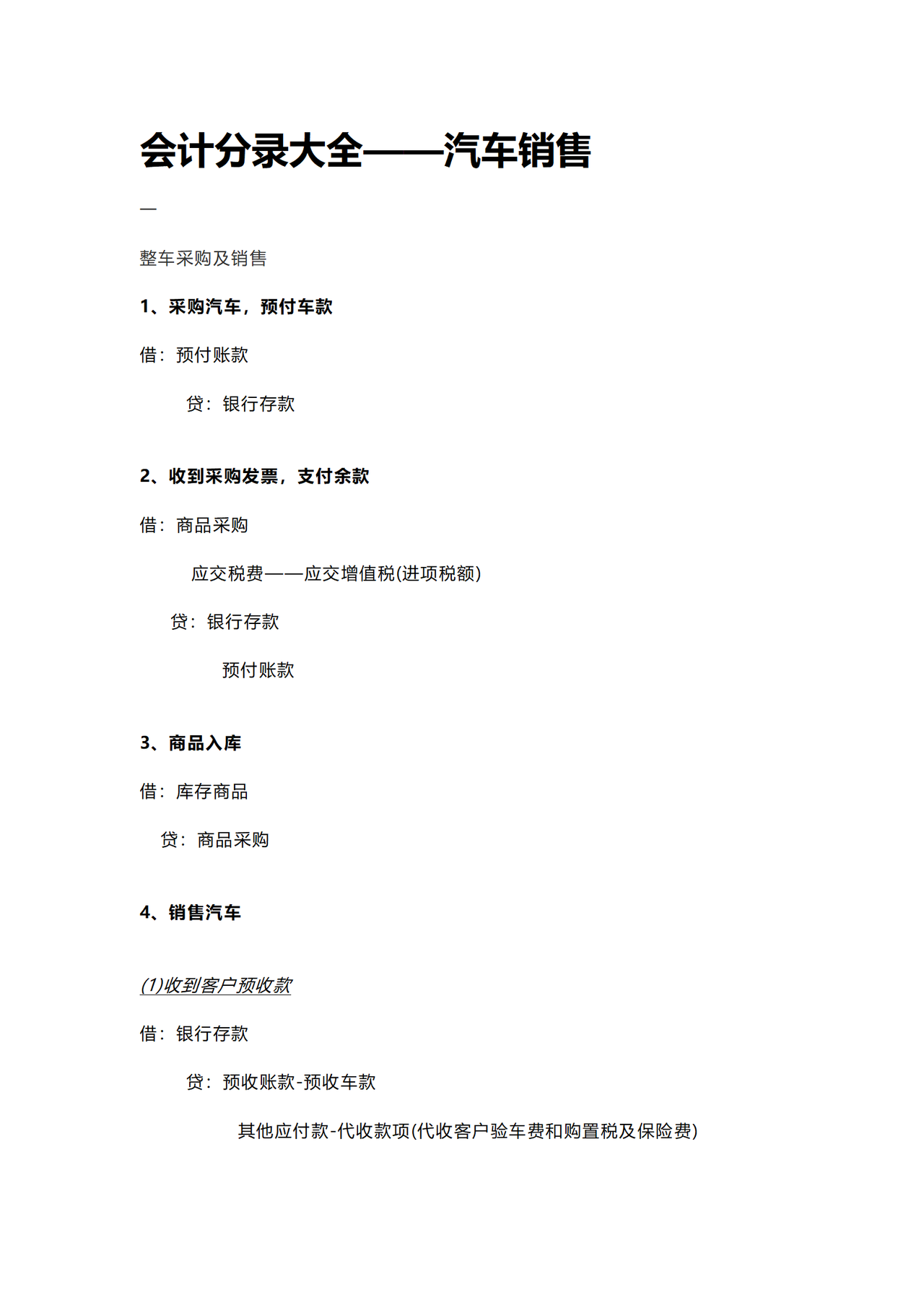 会计分录大全汽车行业