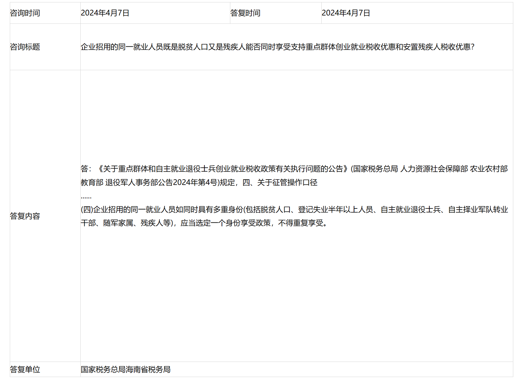 国家税务总局海南省税务局——企业招用的同一就业人员既是脱贫人口又是残疾人能否同时享受支持重点群体创业就业税收优惠和安置残疾人税收优惠？-1