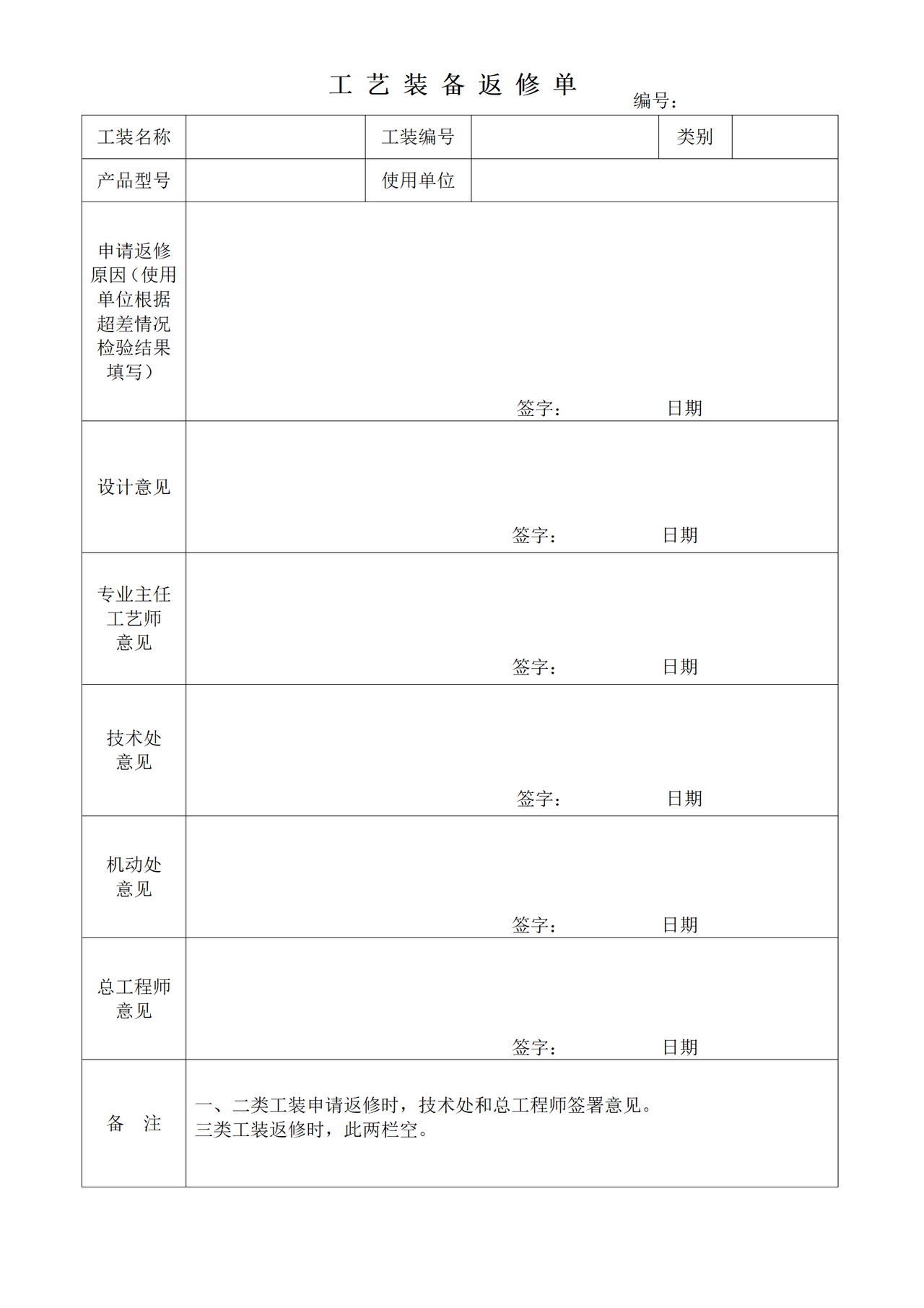 工艺装备返修单