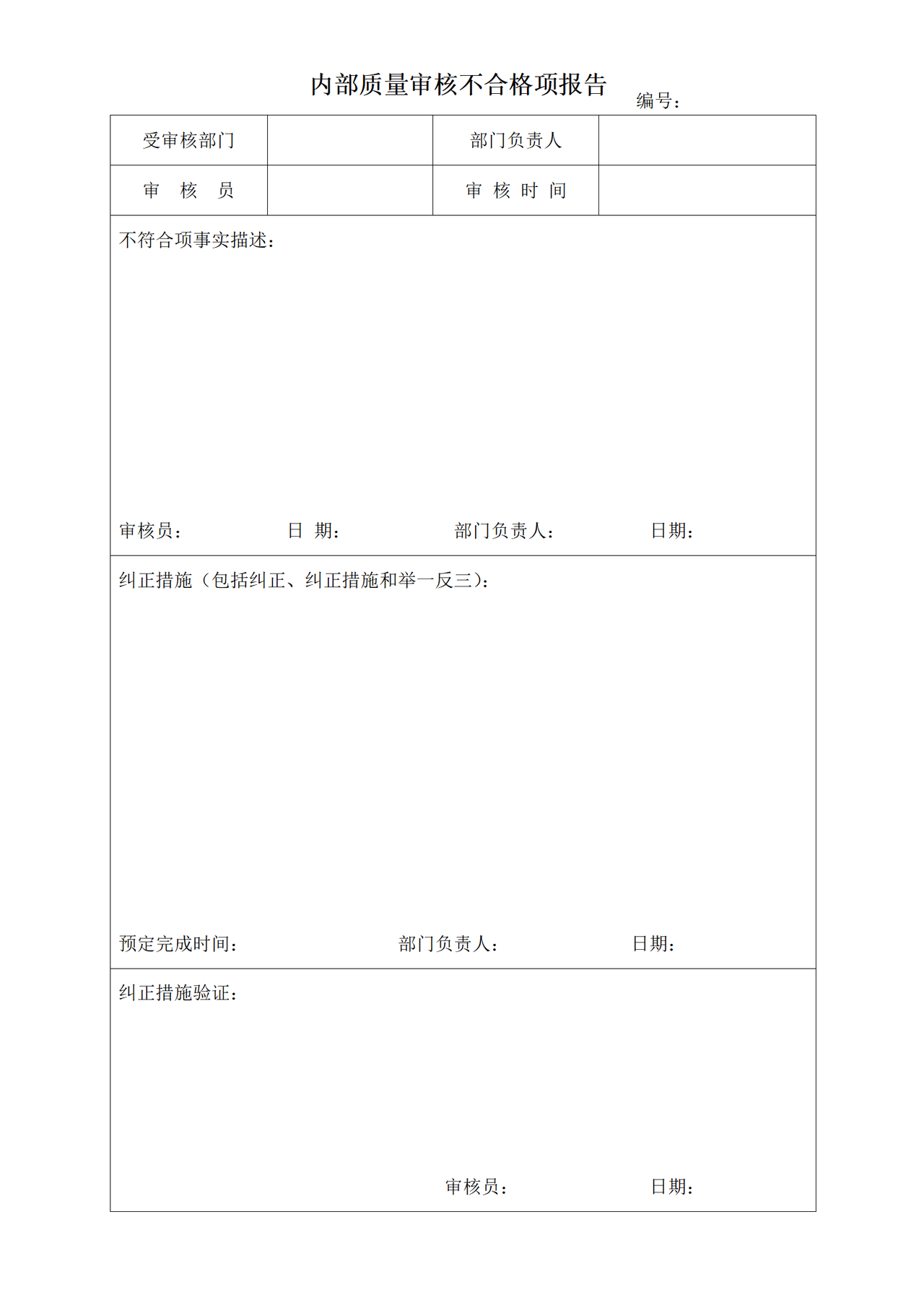 内部质量审核不合格项报告