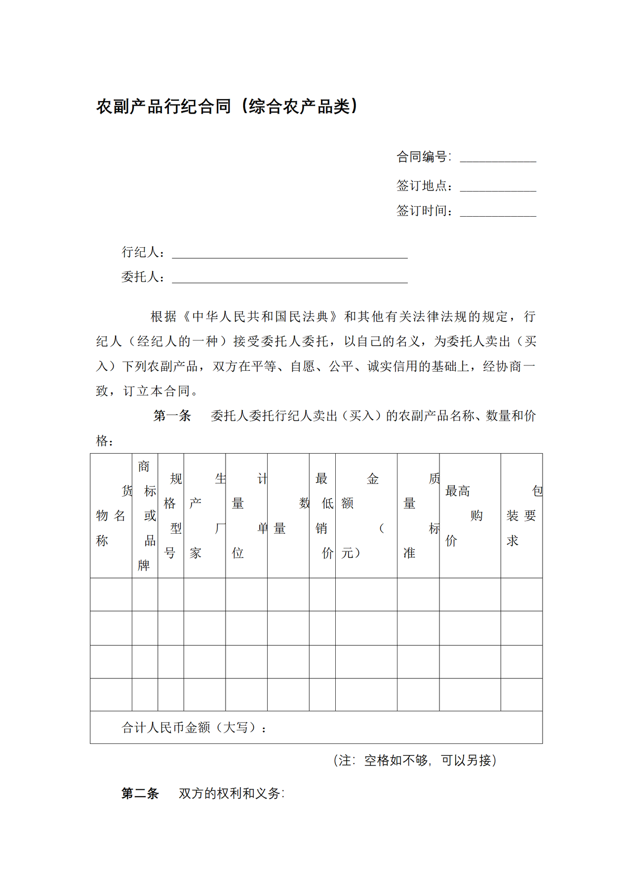 农副产品行纪合同（综合农产品类）