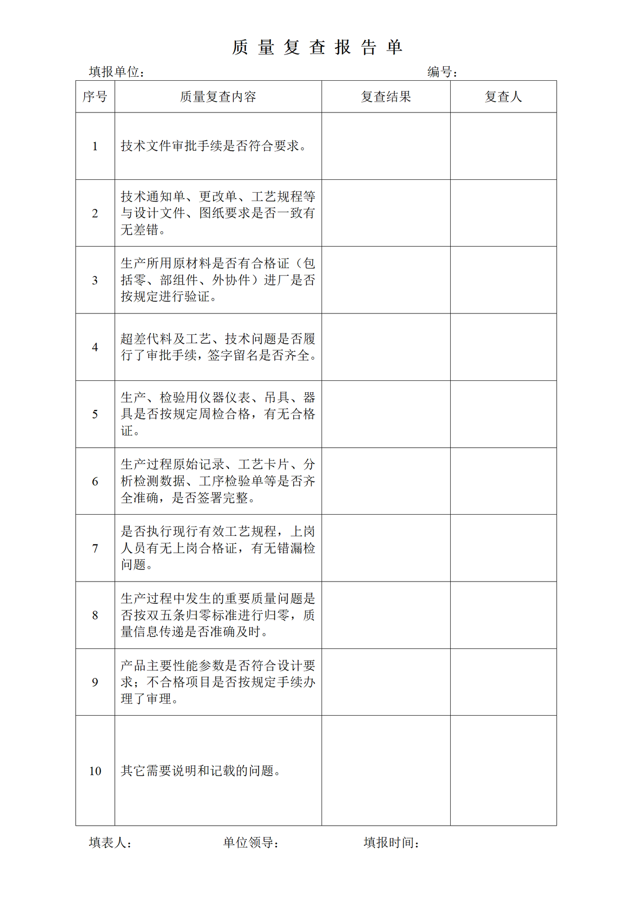 质量复查报告单