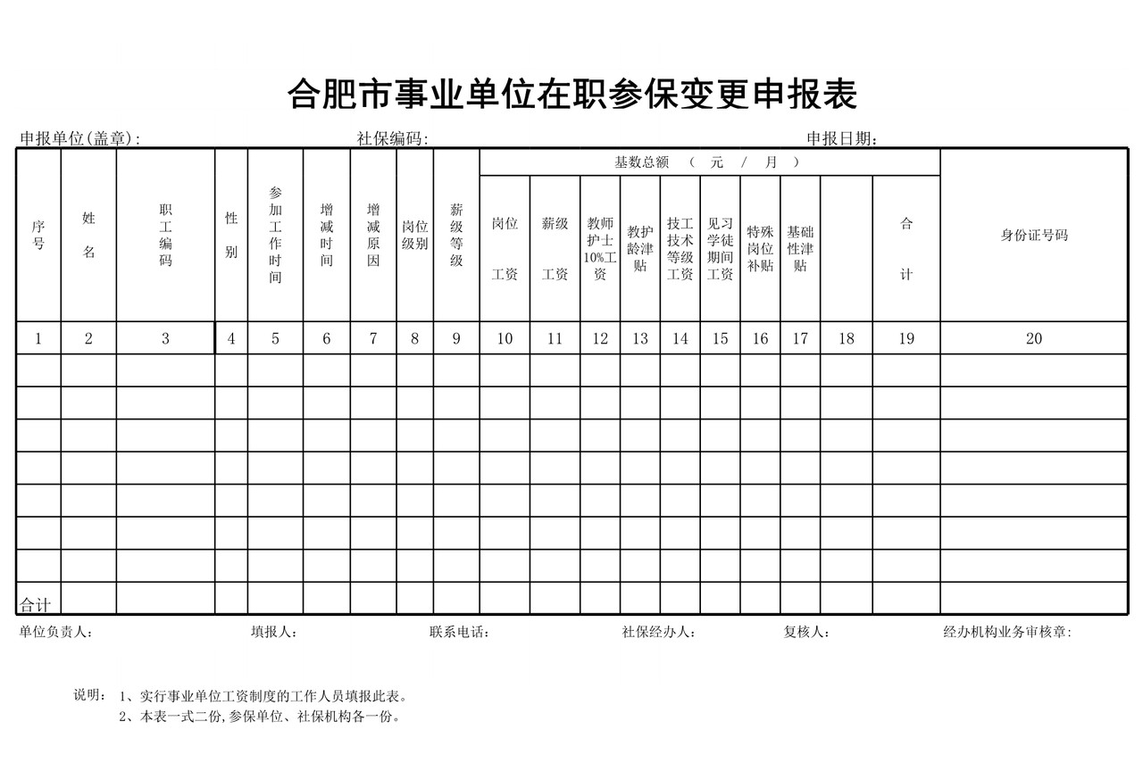 合肥市事业单位在职参保变更申报表