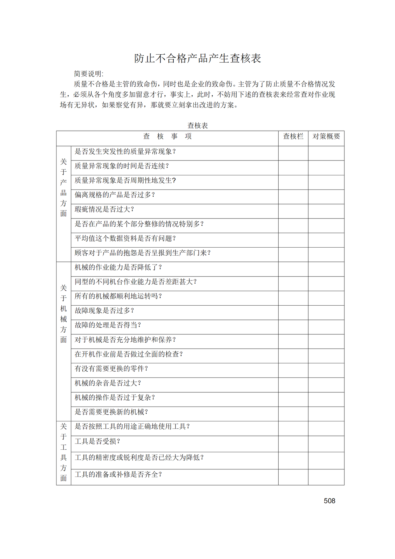 防止不合格产品产生查核表