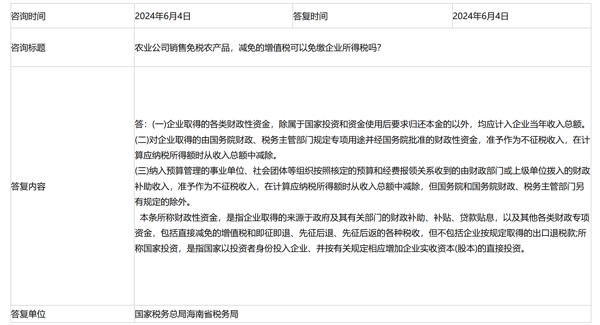 国家税务总局海南省税务局——农业公司销售免税农产品，减免的增值税可以免缴企业所得税吗？-1