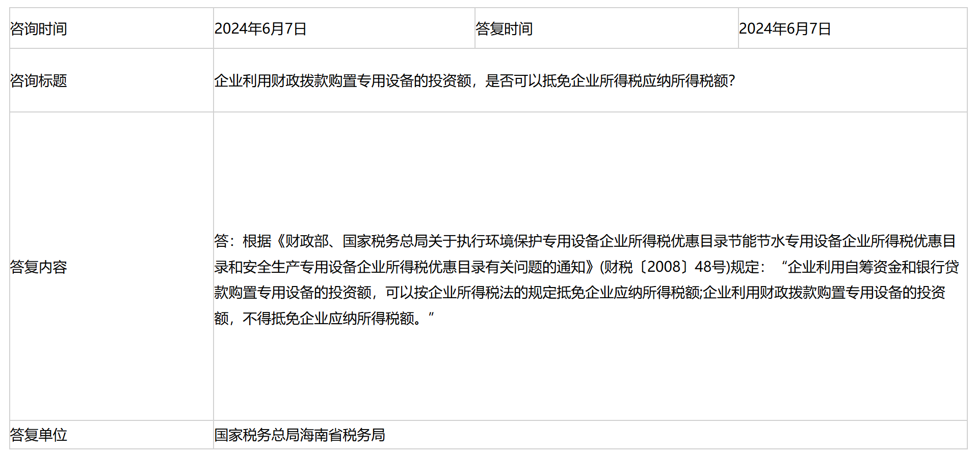 国家税务总局海南省税务局——企业利用财政拨款购置专用设备的投资额，是否可以抵免企业所得税应纳所得税额？-1