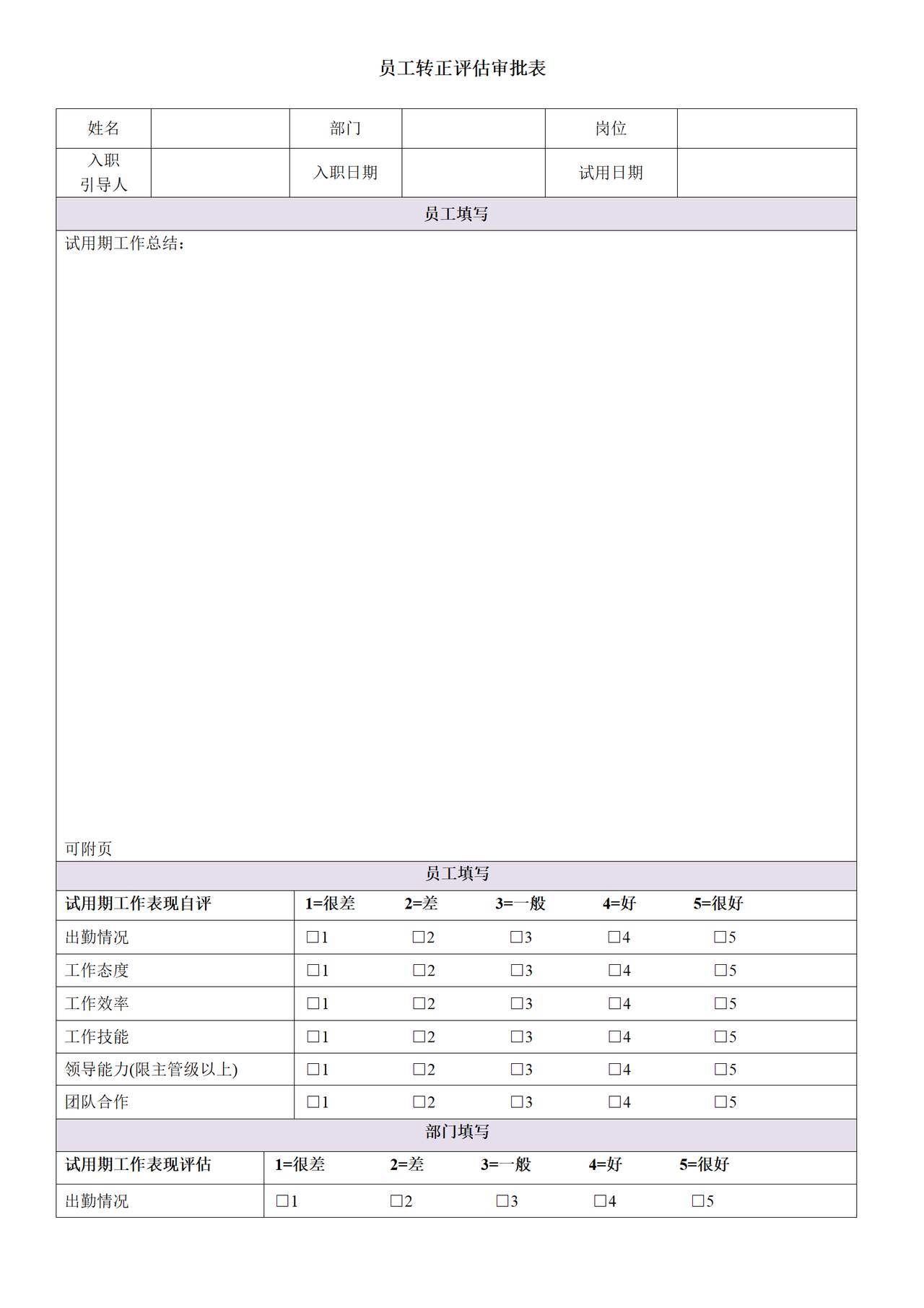 员工转正评估审批表