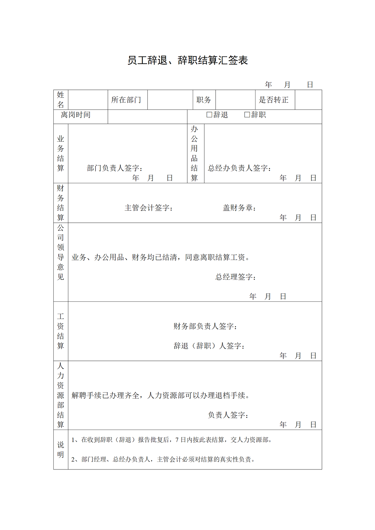 员工辞退、辞职结算汇签表