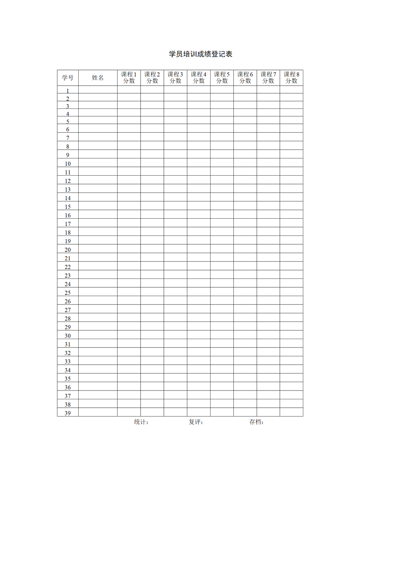 学员培训成绩登记表