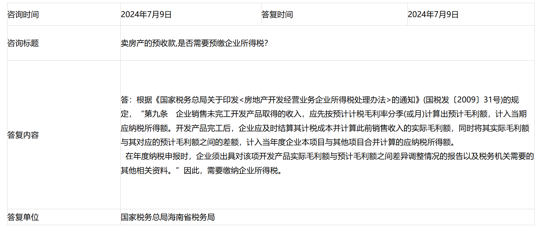 国家税务总局海南省税务局——卖房产的预收款,是否需要预缴企业所得税？-1