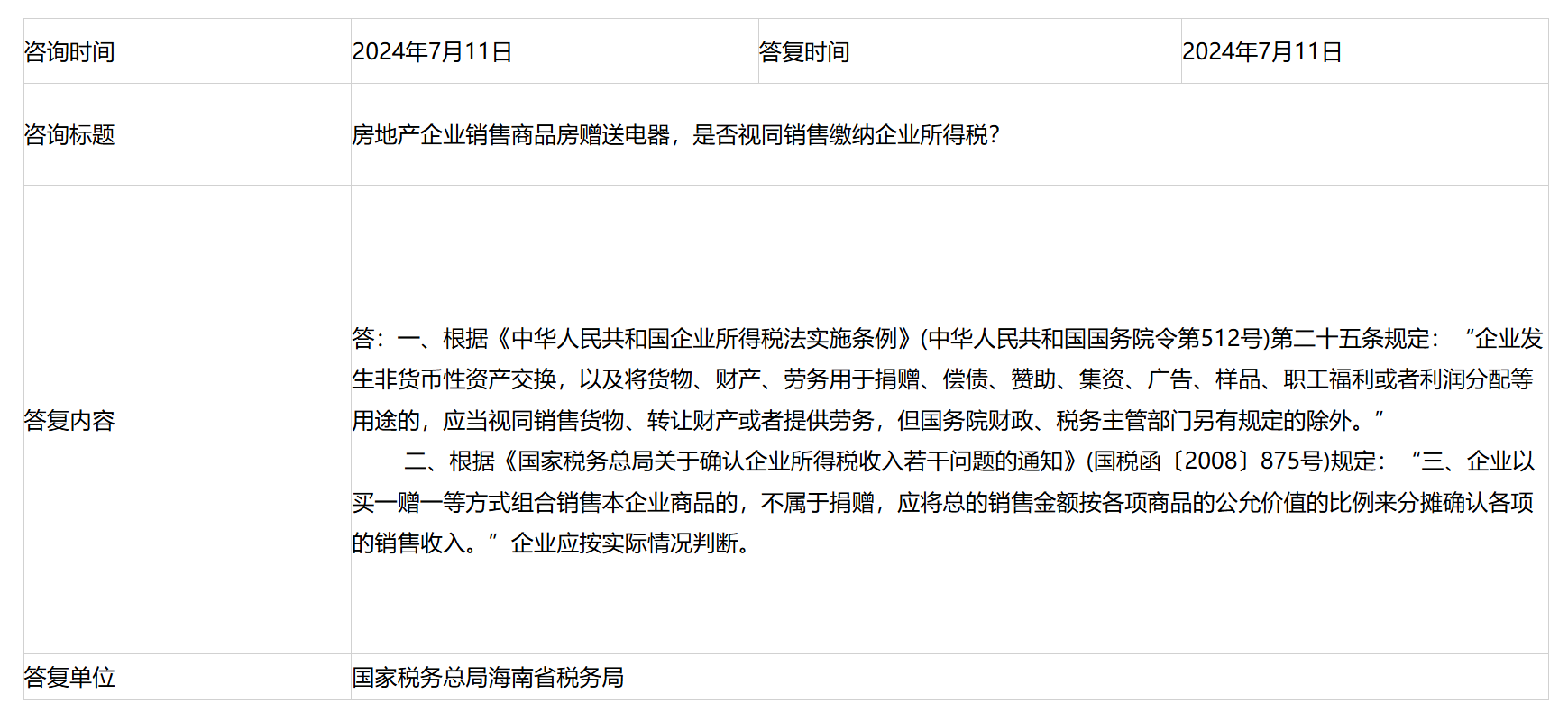 国家税务总局海南省税务局——房地产企业销售商品房赠送电器，是否视同销售缴纳企业所得税？-1