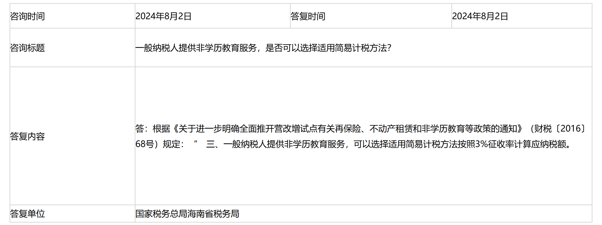 国家税务总局海南省税务局——一般纳税人提供非学历教育服务，是否可以选择适用简易计税方法？-1