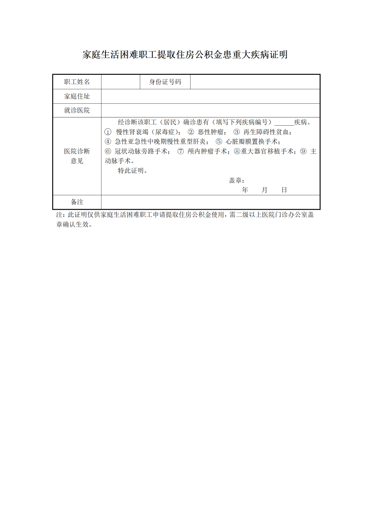 《家庭生活困难职工提取住房公积金患重大疾病证明》